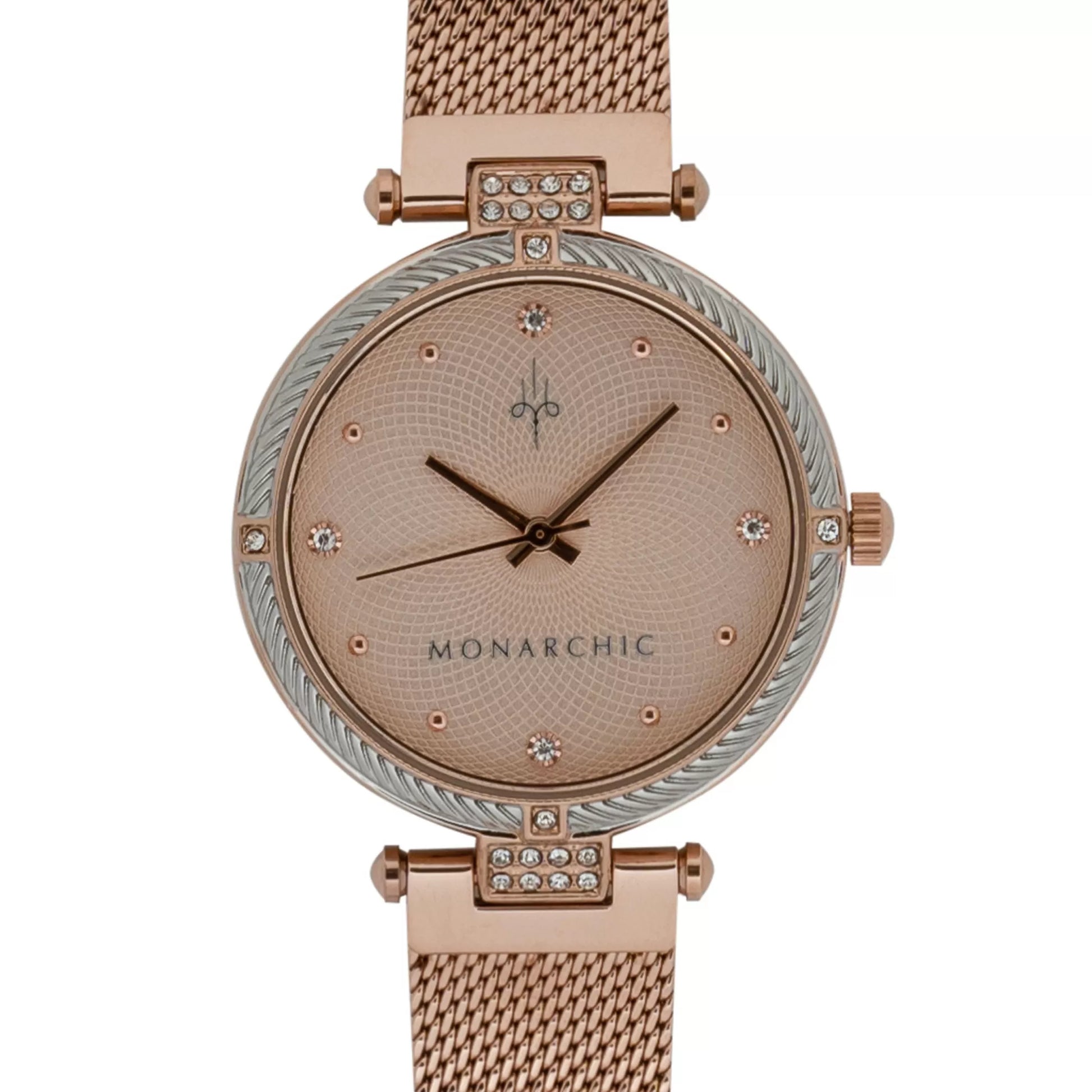 Monarchic® Watch - Kylie - Rose gold mesh watch with textured trim and crystals on silver/rose gold bezel front view