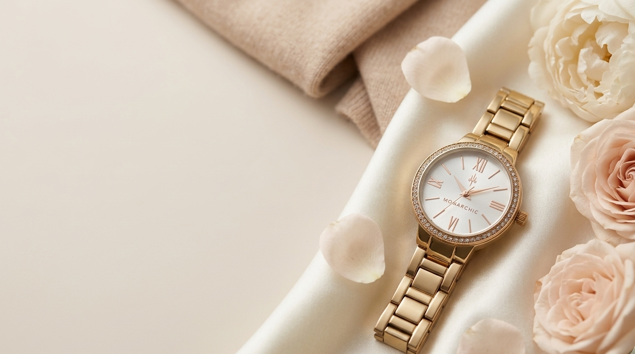 Gold wristwatch on a white surface with pink roses and beige fabric