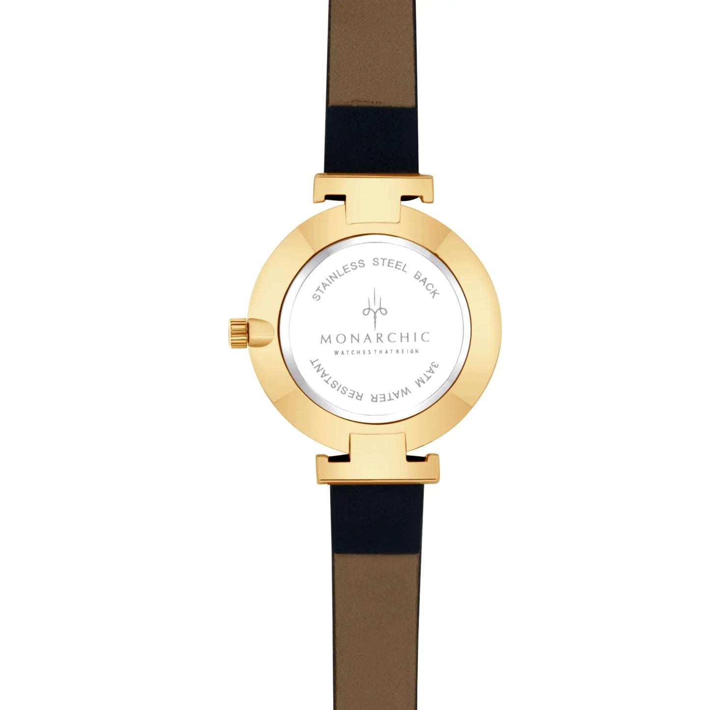 Monarchic® Watch - Satin - Angelina Navy Blue eco vegan leather straps and gold watch with sapphire tone dial back view