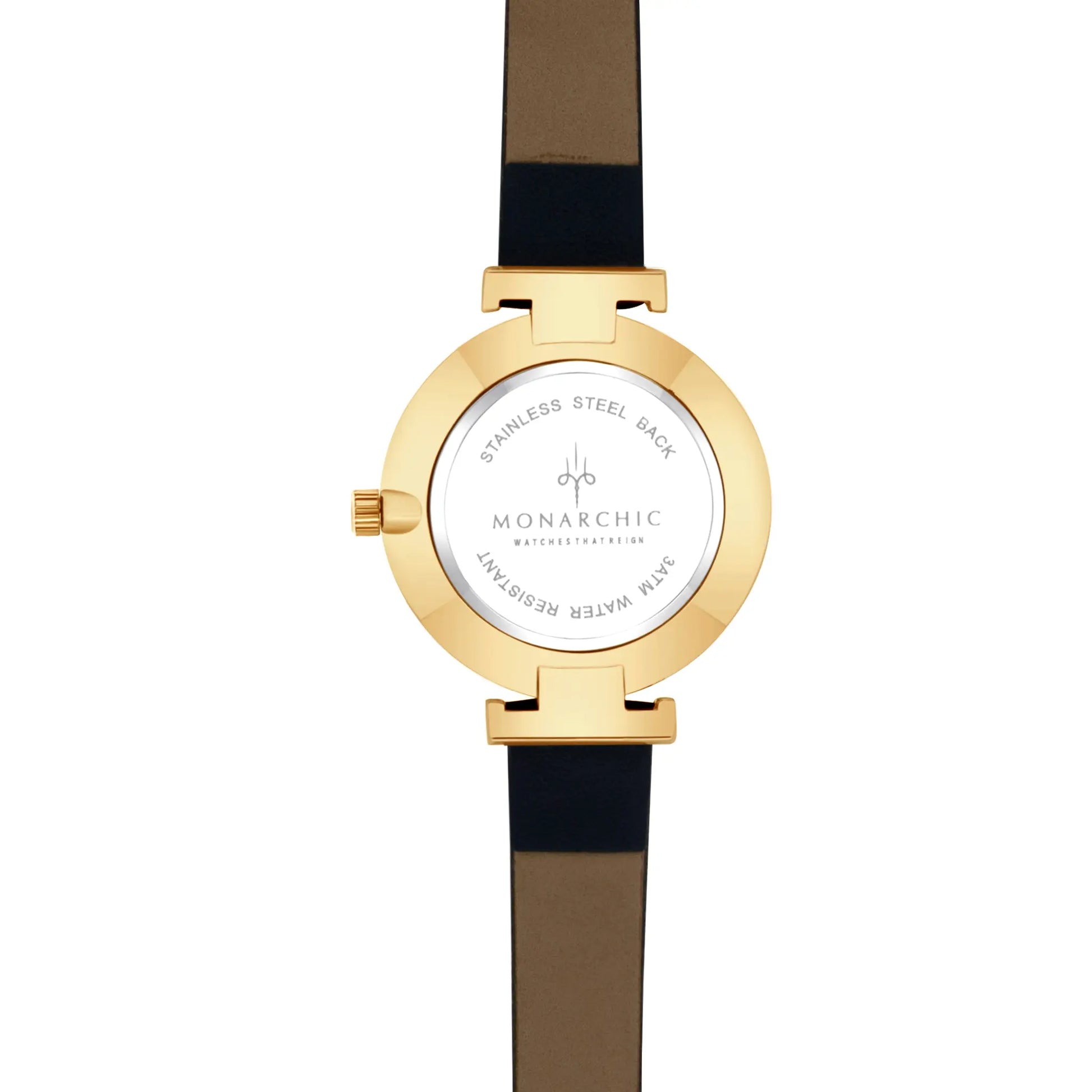 Monarchic® Watch - Satin - Angelina Navy Blue eco vegan leather straps and gold watch with sapphire tone dial back view