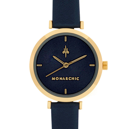 Monarchic® Watch - Satin - Angelina Navy Blue eco vegan leather straps and gold watch with sapphire tone dial front view