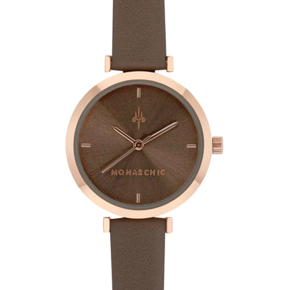Monarchic® Watch - Satin - Bronte Taupe eco vegan leather straps and rose gold watch with caramel tone dial front view