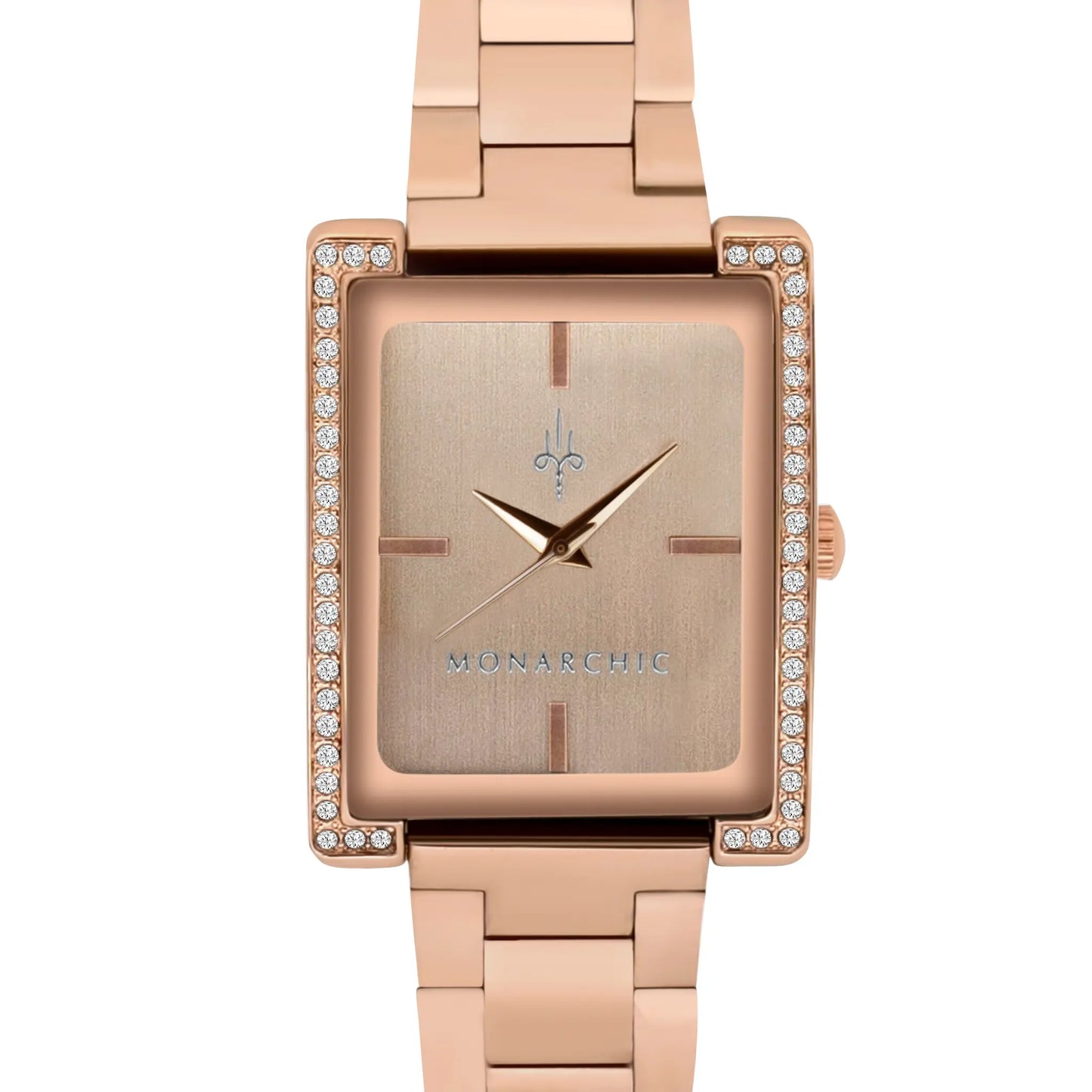 Monarchic® Watch - The Diana - Dawn rose gold link watch with crystal square bezel front view