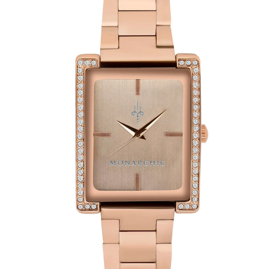 Monarchic® Watch - The Diana - Dawn rose gold link watch with crystal square bezel front view