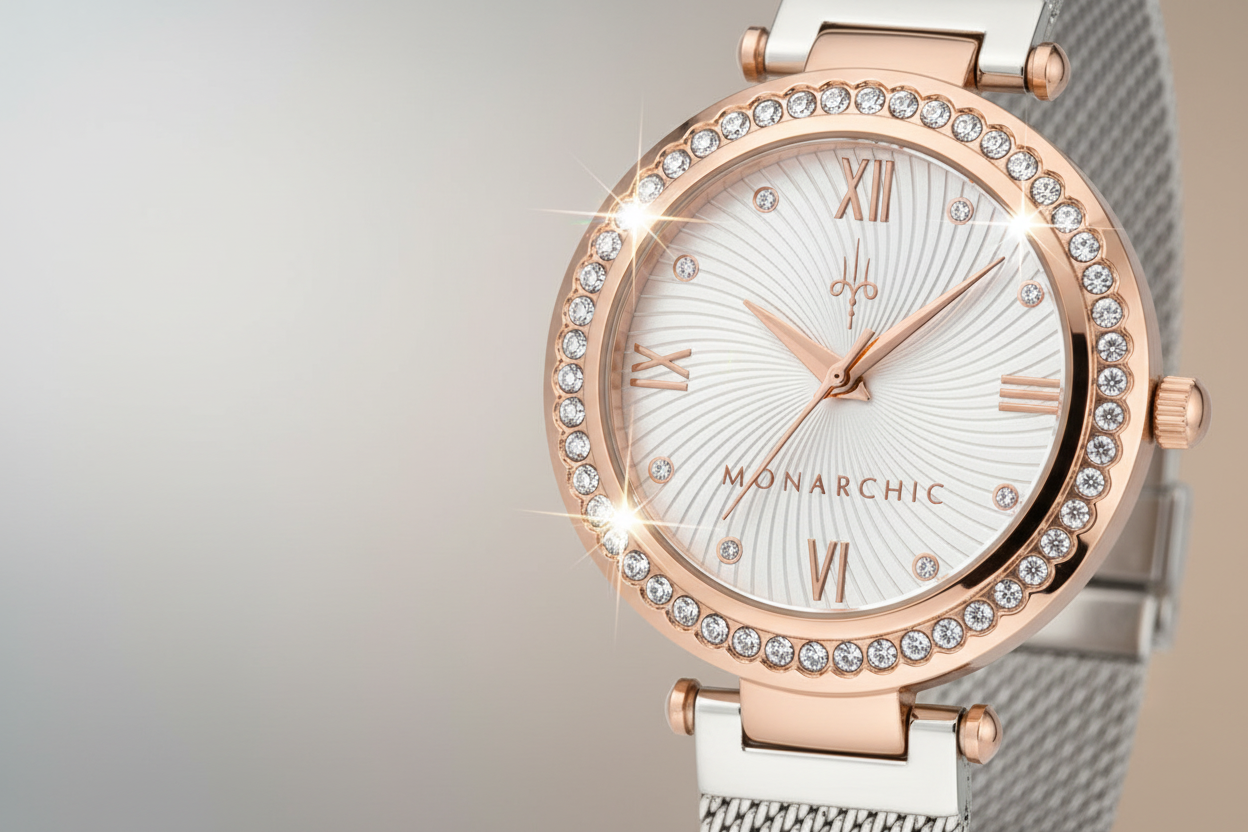 Cristal Sunray Silver Mesh Watch Crystal Bezel Editorial Close-up