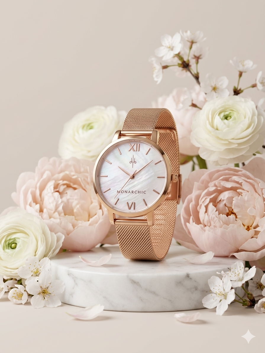 Modern women's watch in rose gold minimalist design styled for spring, elegant everyday luxury timepieces by Monarchic®