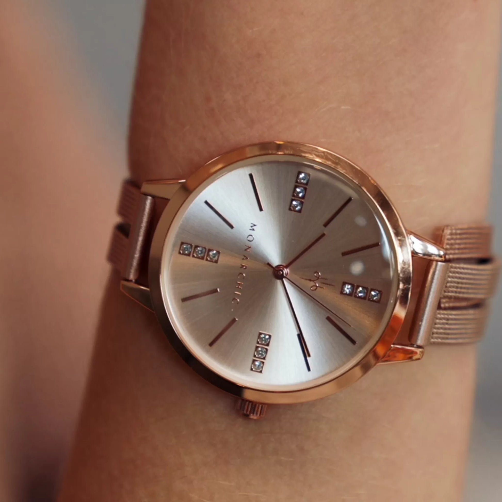 Model wearing Monarchic® Watch - Billie J - Rose Gold women's watch with double band