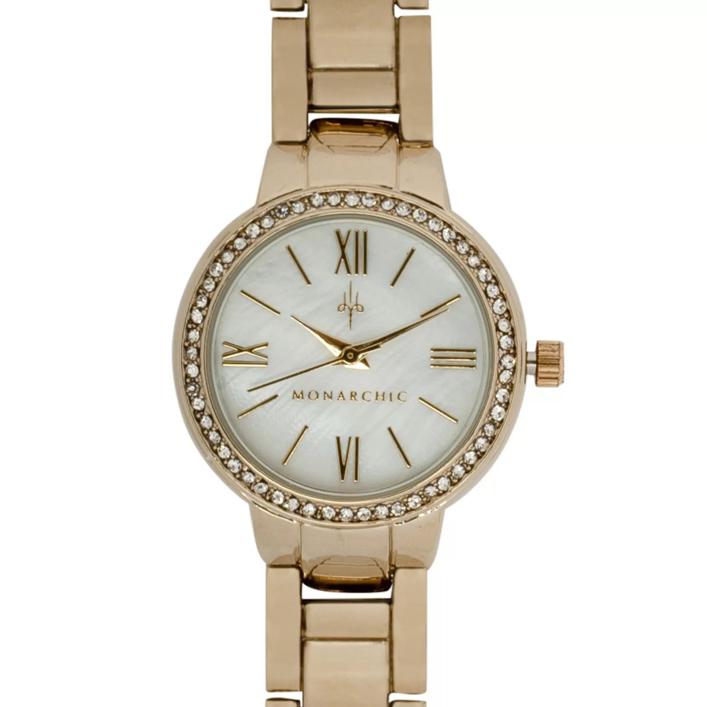 Monarchic® Watch - Cosmopolitan - Jackie Edition - Gold link watch with crystals on bezel front view