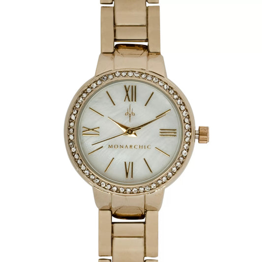 Monarchic® Watch - Cosmopolitan - Jackie Edition - Gold link watch with crystals on bezel front view