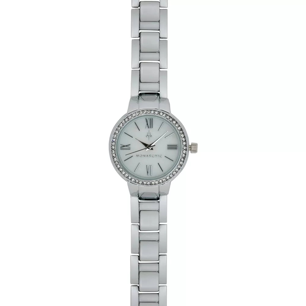 Monarchic® Watch - Cosmopolitan - Coco Edition - Silver link watch with crystals on bezel front view