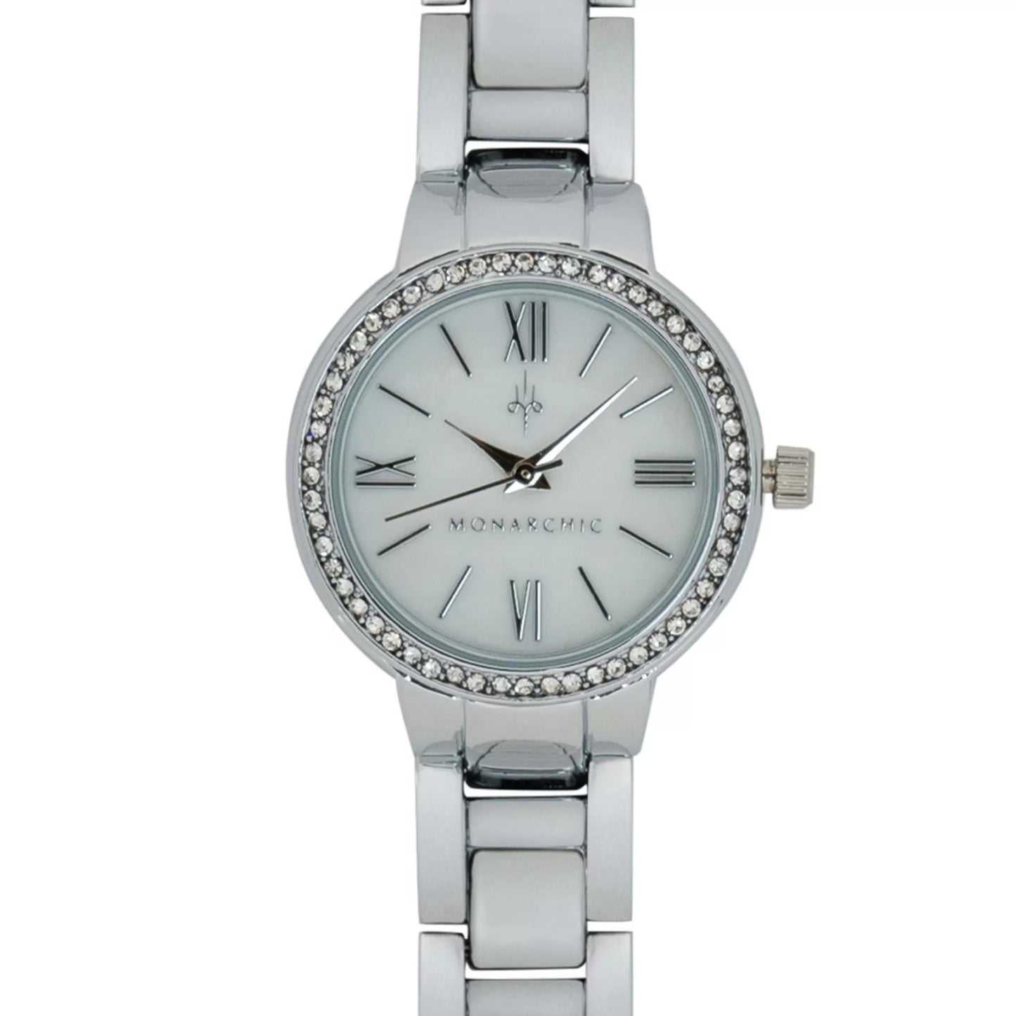 Monarchic® Watch - Cosmopolitan - Coco Edition - Silver link watch with crystals on bezel front view