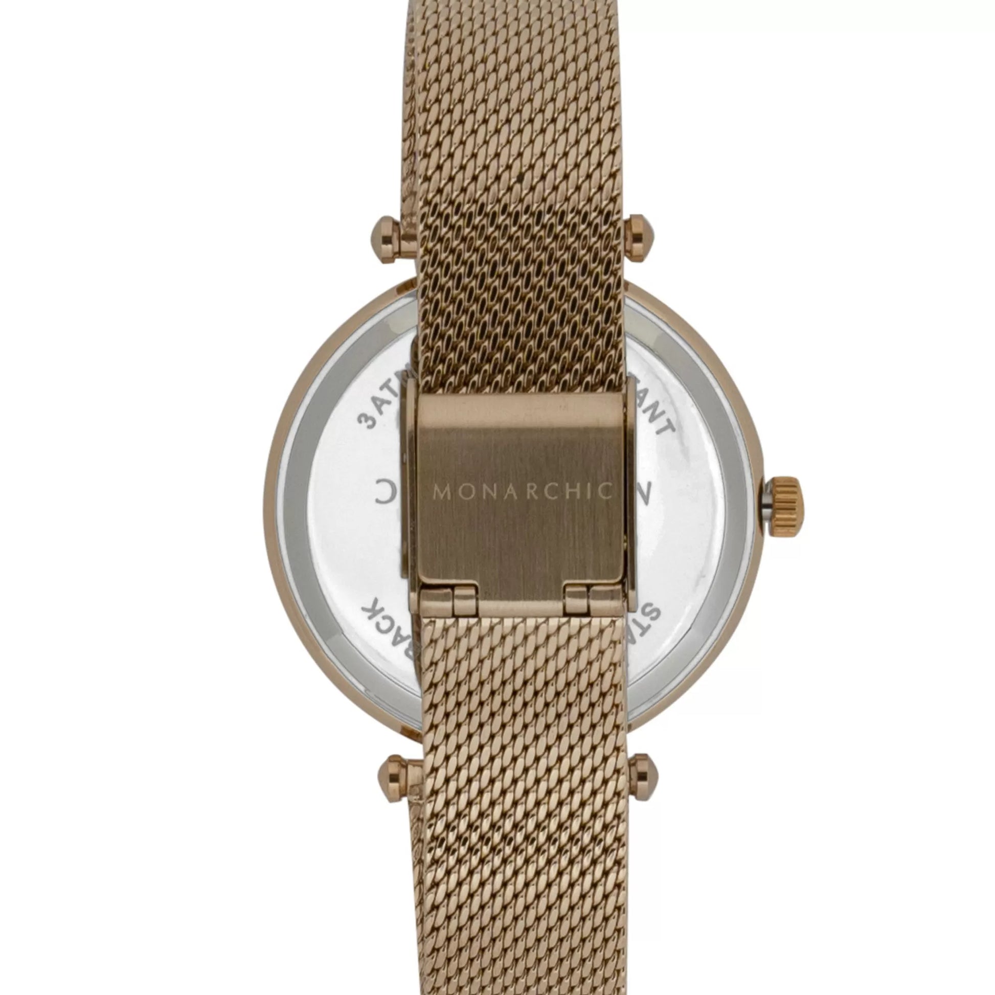 Monarchic® Watch - Cristal - Sunray Gold mesh watch with crystals on bezel back view