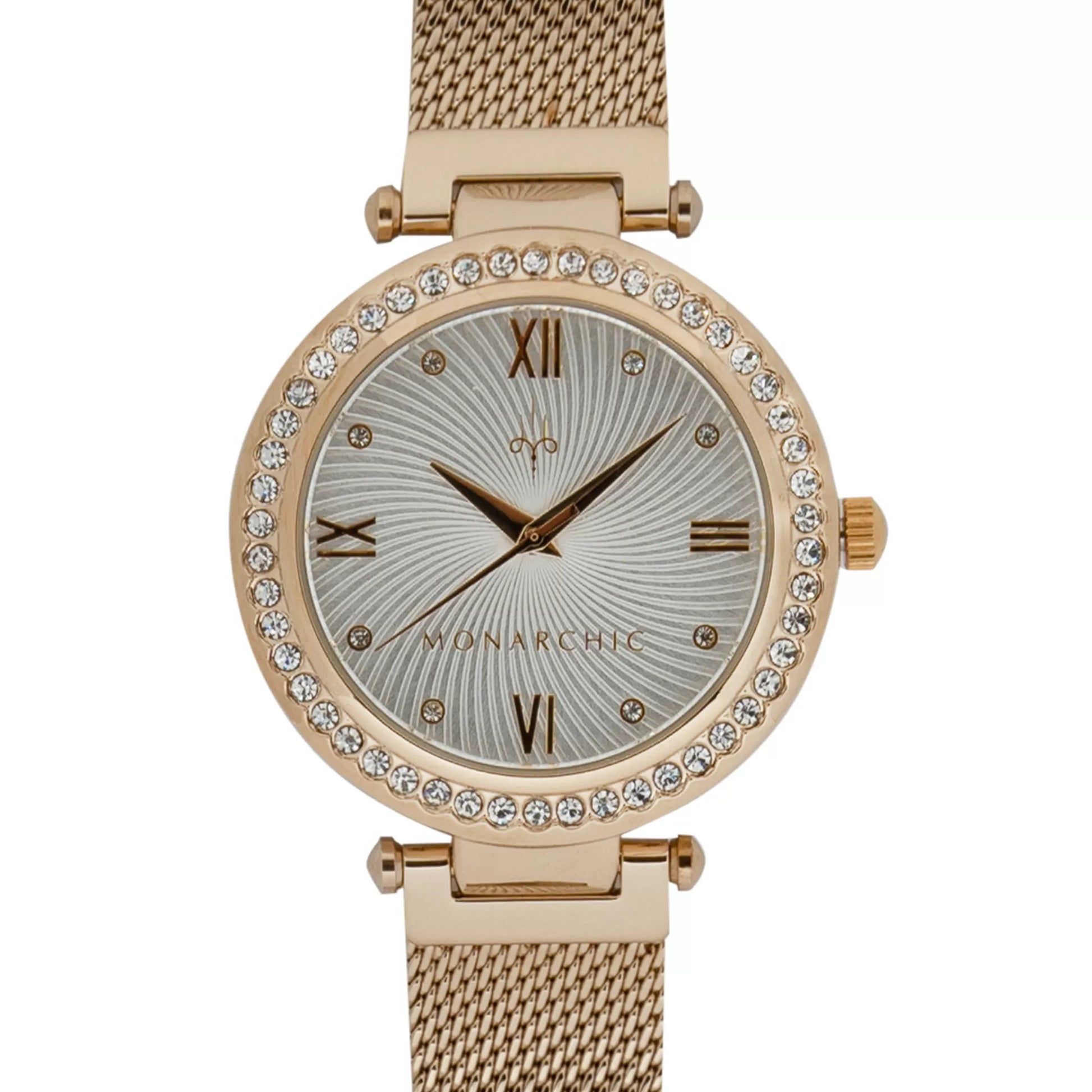 Monarchic® Watch - Cristal - Sunray Gold mesh watch with crystals on bezel front view