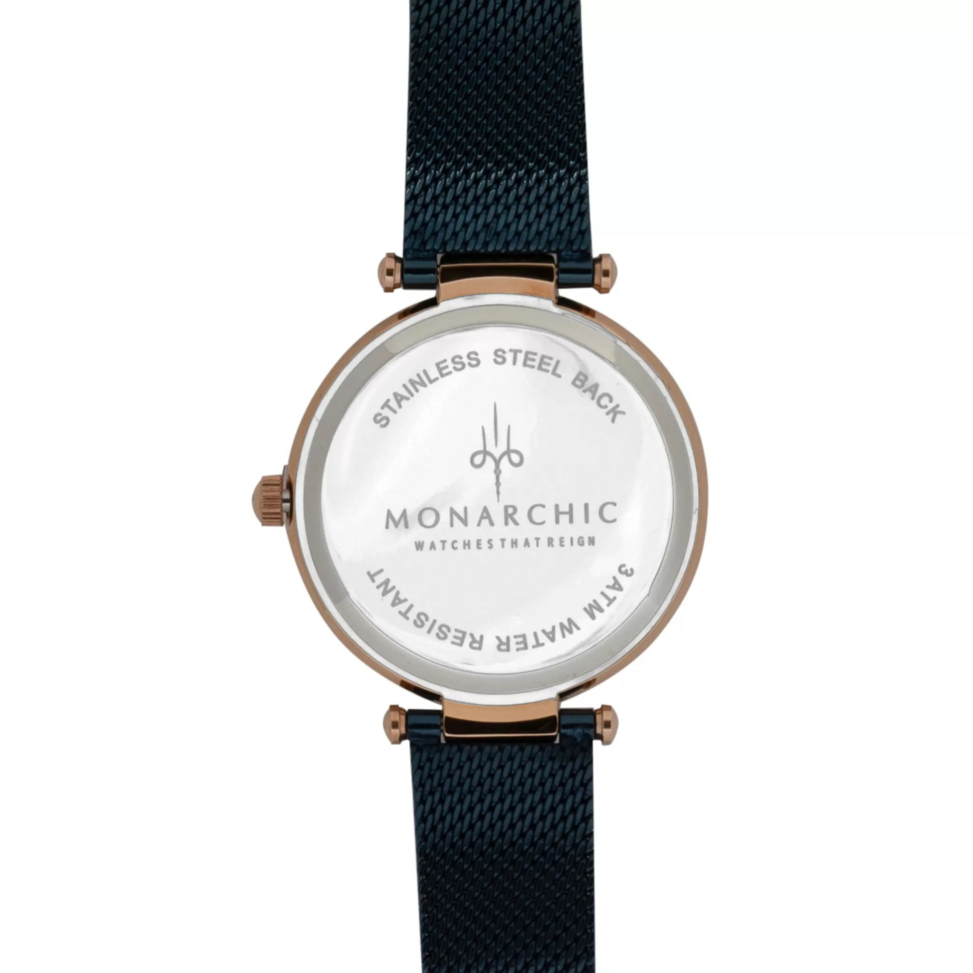 Monarchic® Watch - Cristal - Sunray Midnight blue mesh watch with crystals on rose gold bezel back view