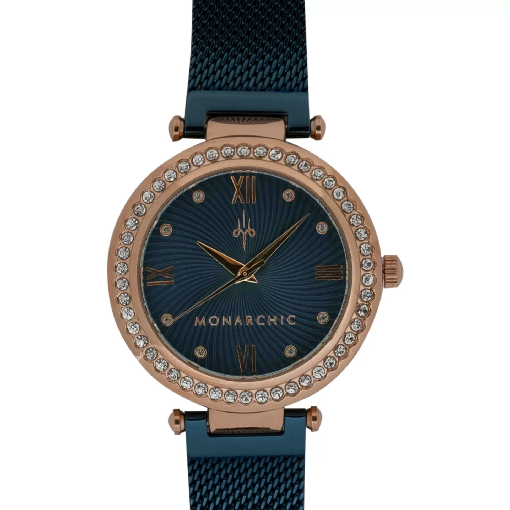 Monarchic® Watch - Cristal - Sunray Midnight blue mesh watch with crystals on rose gold bezel front view