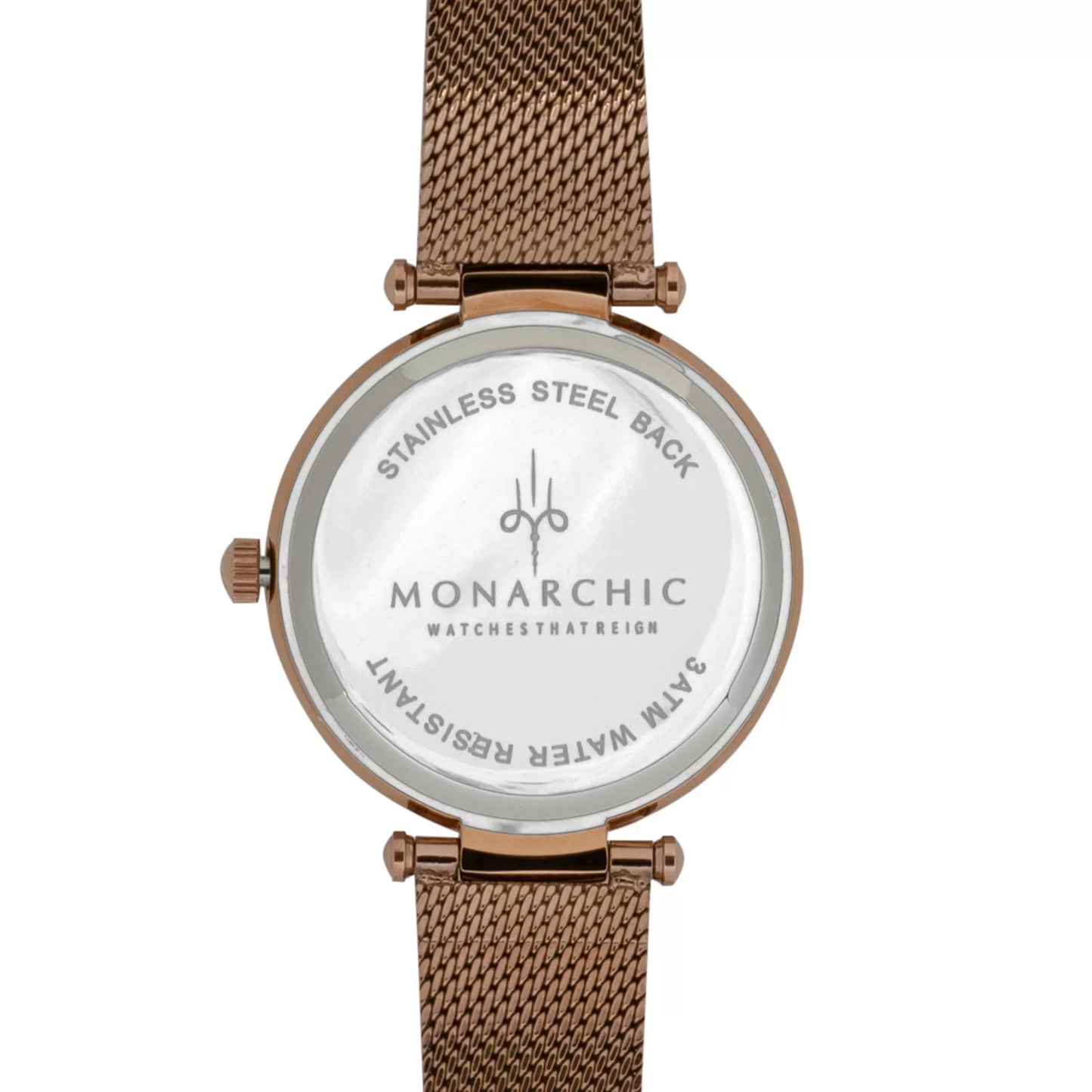 Monarchic® Watch - Cristal - Sunray rose gold mesh watch with crystals on rose gold bezel back view