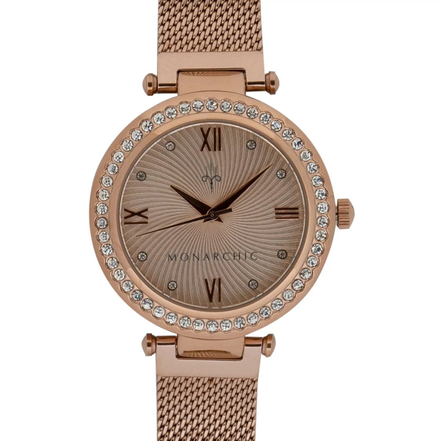 Monarchic® Watch - Cristal - Sunray rose gold mesh watch with crystals on rose gold bezel front view