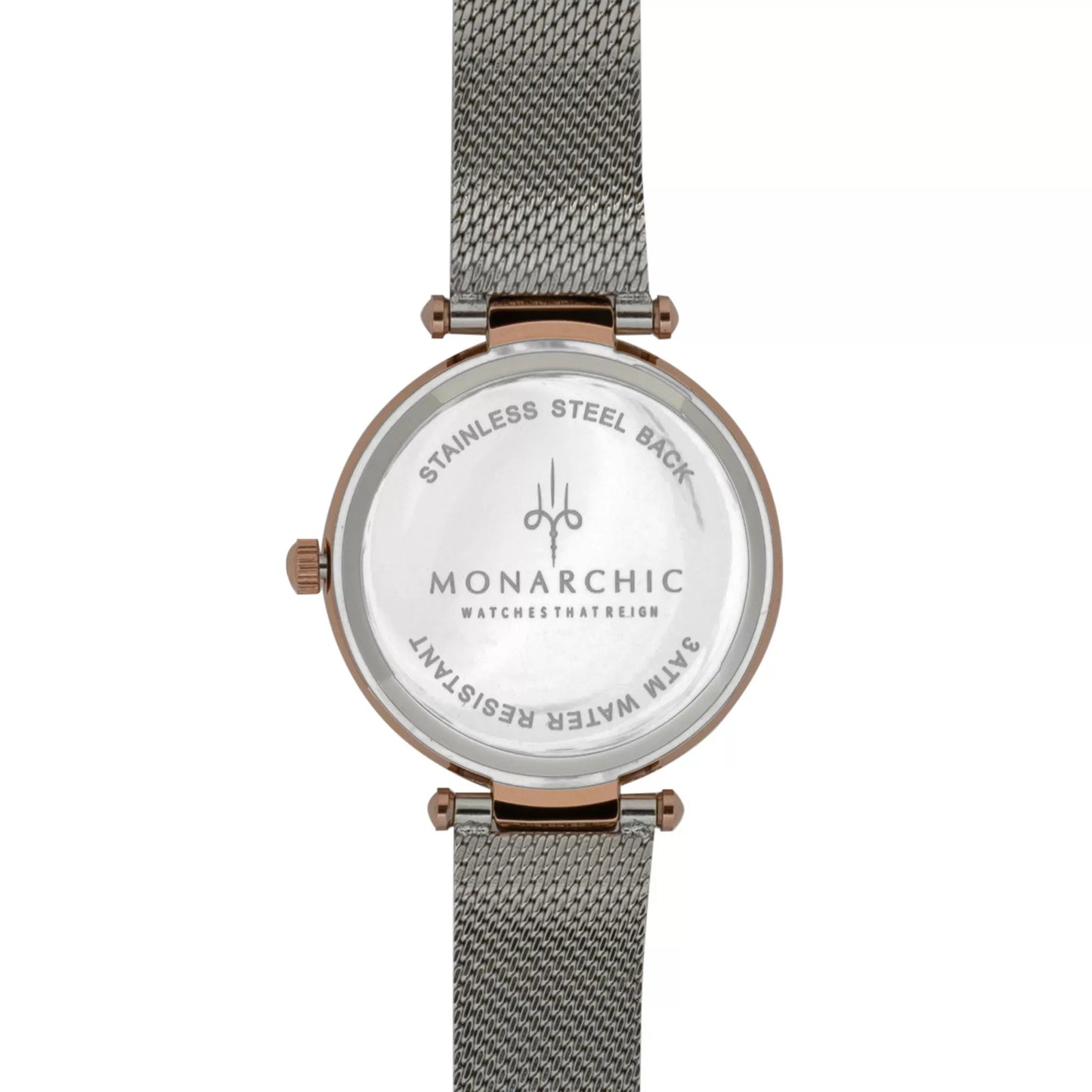 Monarchic® Watch - Cristal - Sunray silver mesh watch with crystals on rose gold bezel back view