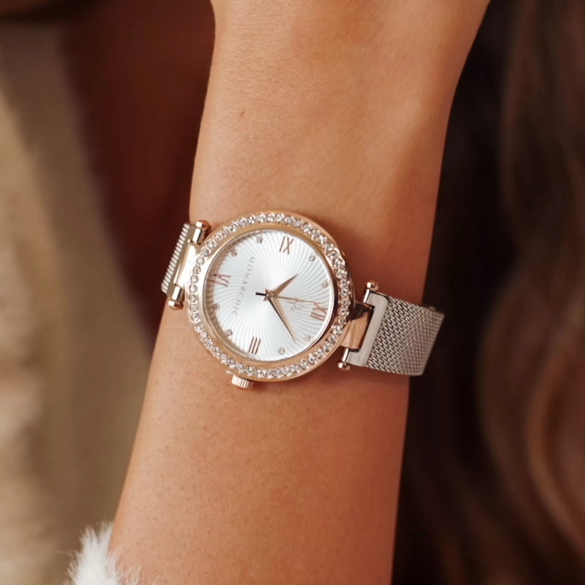 Cristal Sunray Silver Mesh Watch Monarchic