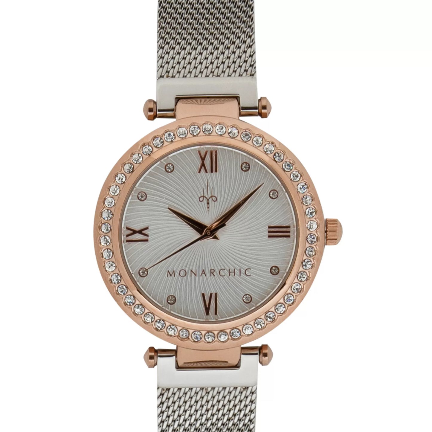 Monarchic® Watch - Cristal - Sunray silver mesh watch with crystals on rose gold bezel front view