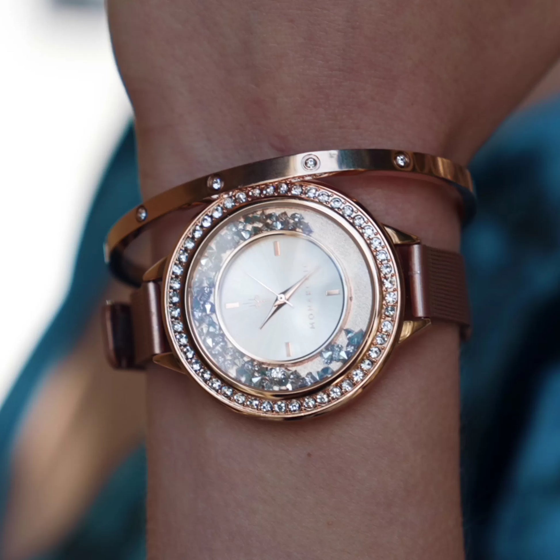 Monarchic® Watch - Fallon - Gigi Edition - Rose Gold mesh watch with encapsulated light rose crystals on bezel close up