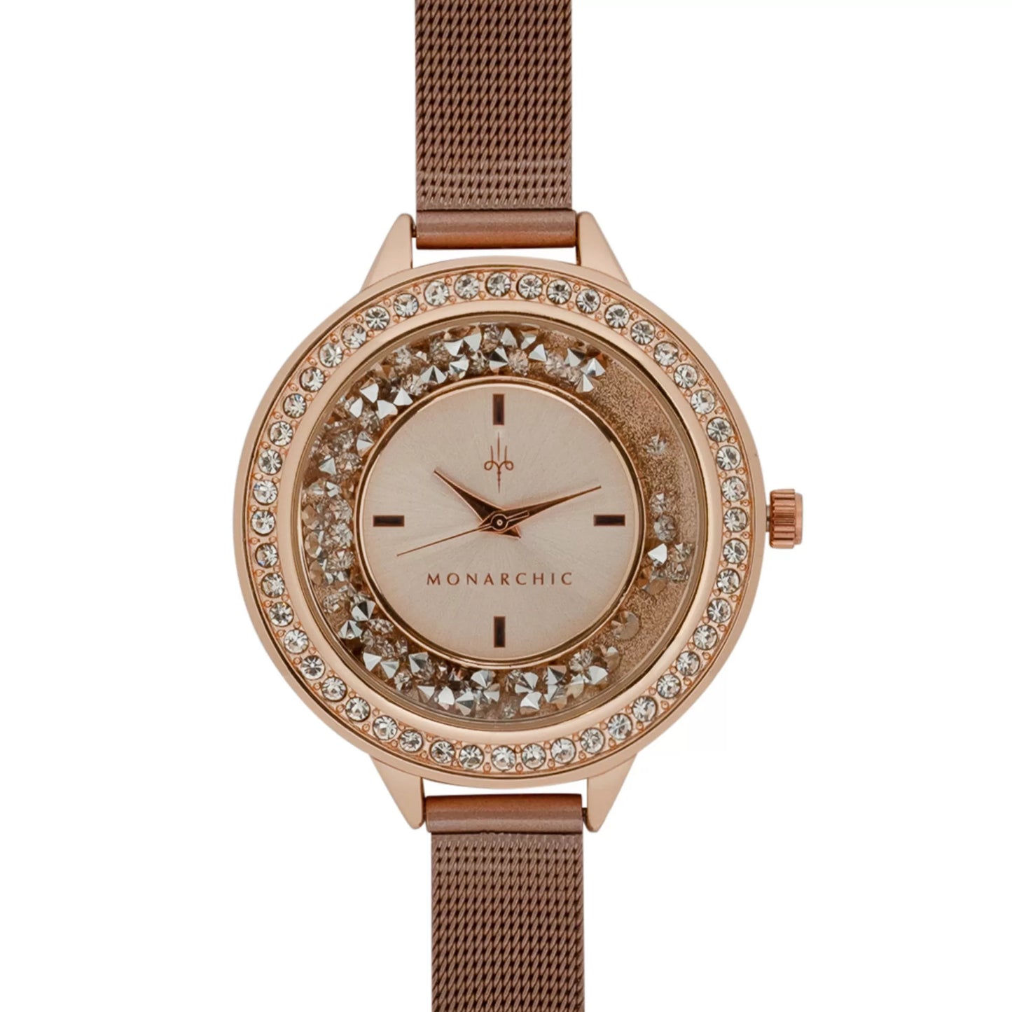 Monarchic® Watch - Fallon - Gigi Edition - Rose Gold mesh watch with encapsulated light rose crystals on bezel front view