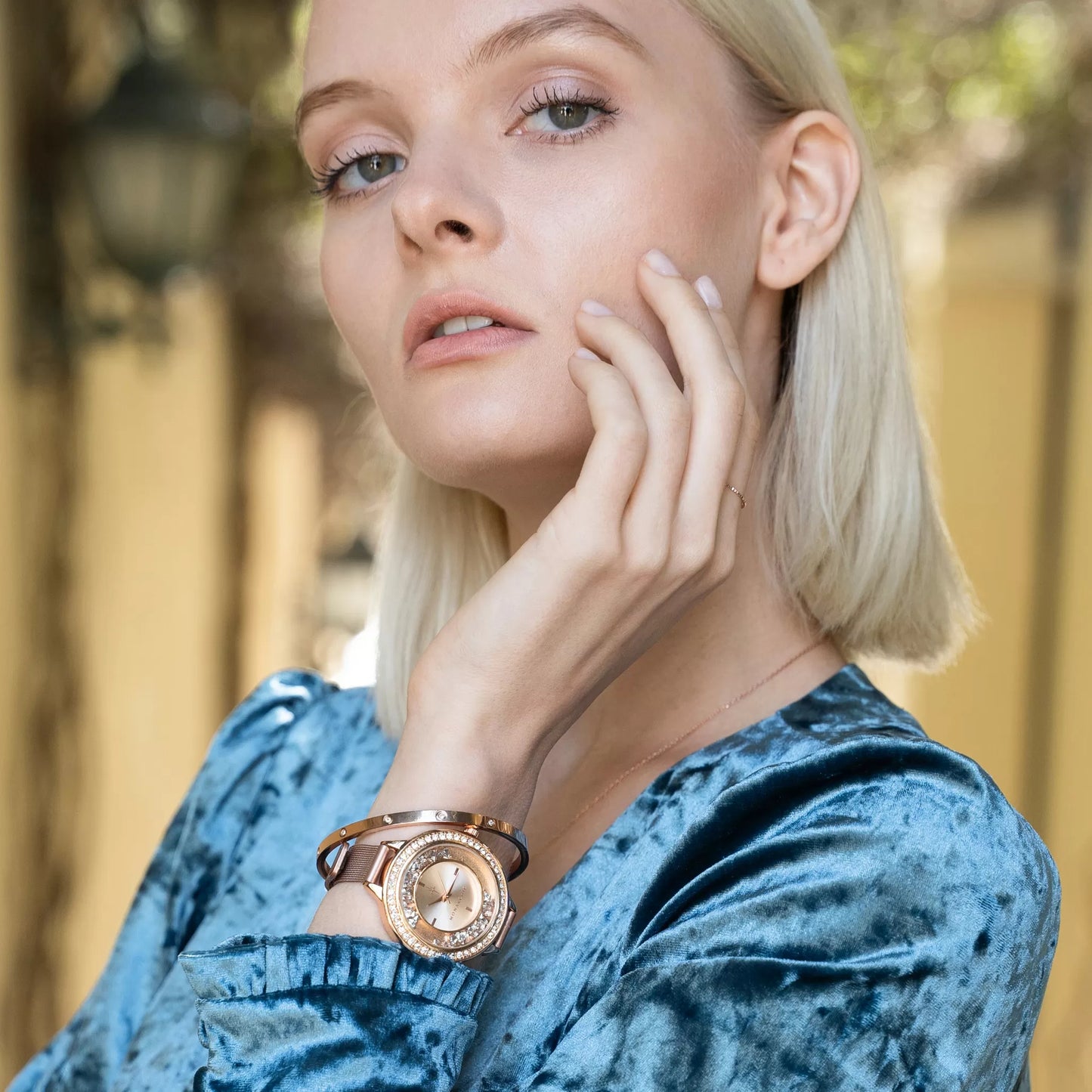 Monarchic® Watch - Model wearing Fallon - Gigi Edition - Rose Gold mesh watch with encapsulated light rose crystals on bezel