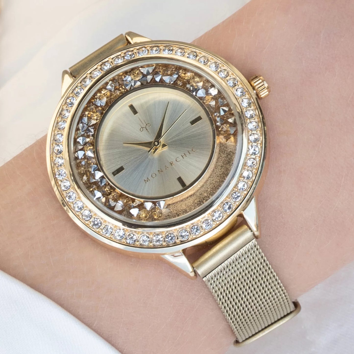 Monarchic® Watch - Fallon - Gold mesh watch with encapsulated light topaz crystals on bezel close up