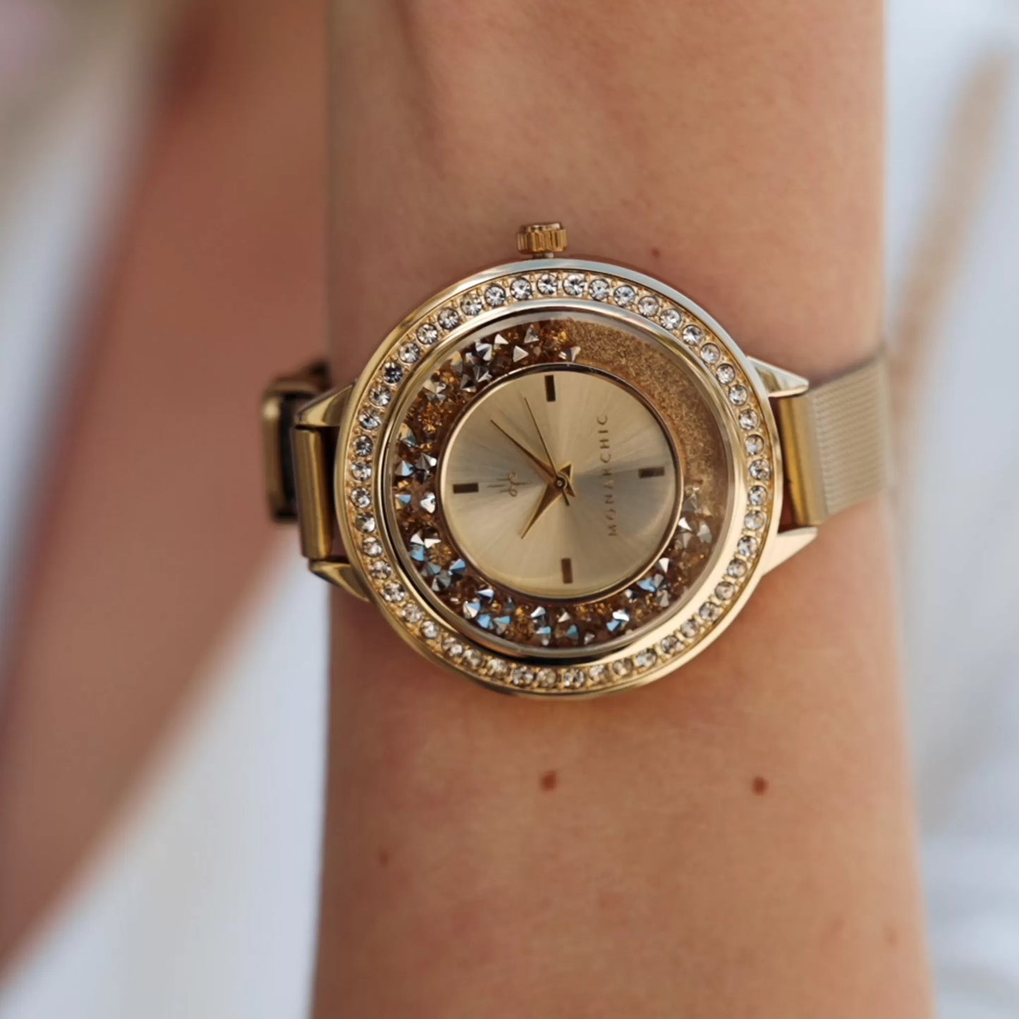 Monarchic® Watch - Fallon - Gold mesh watch with encapsulated light topaz crystals on bezel close view