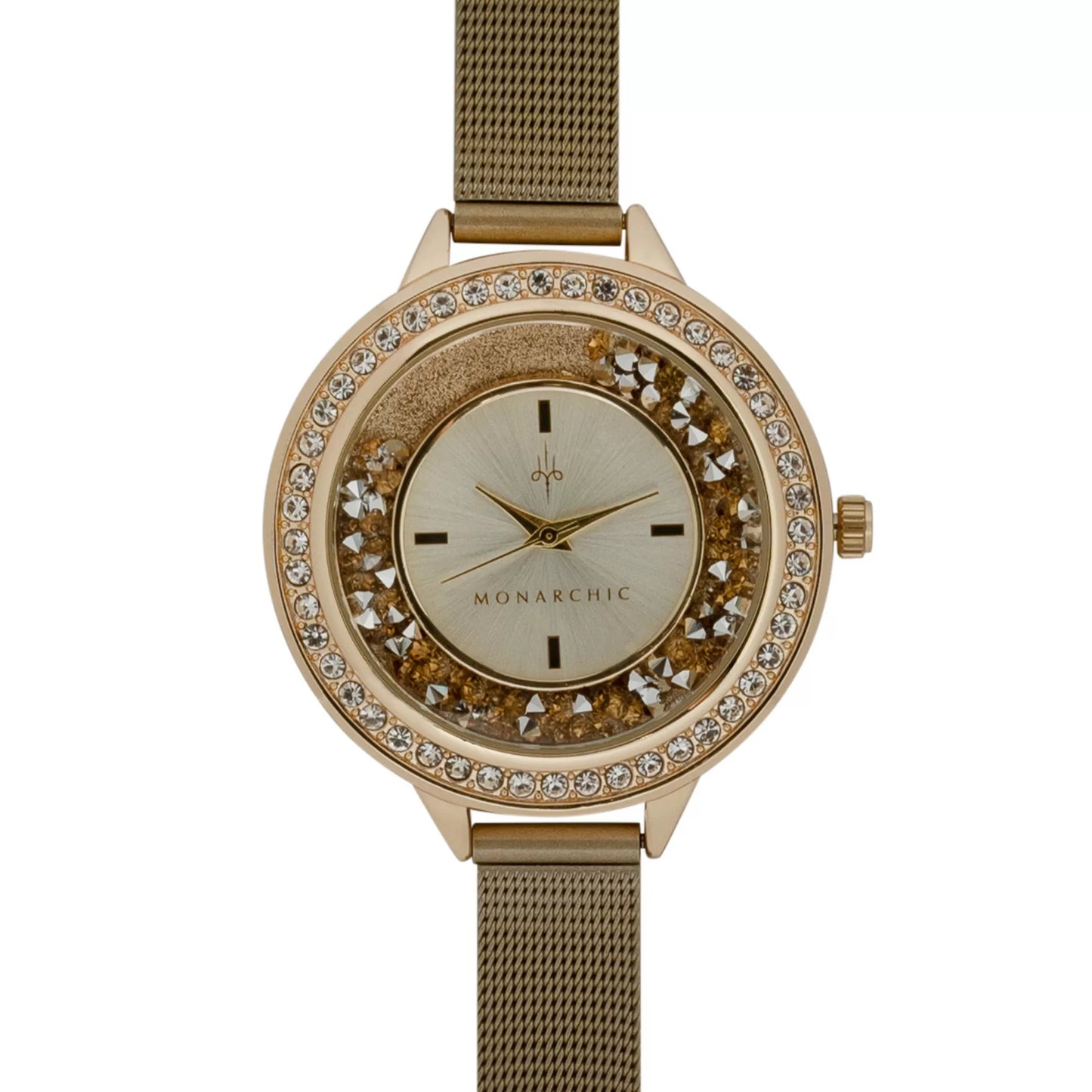 Monarchic® Watch - Fallon - Gold mesh watch with encapsulated light topaz crystals on bezel front view