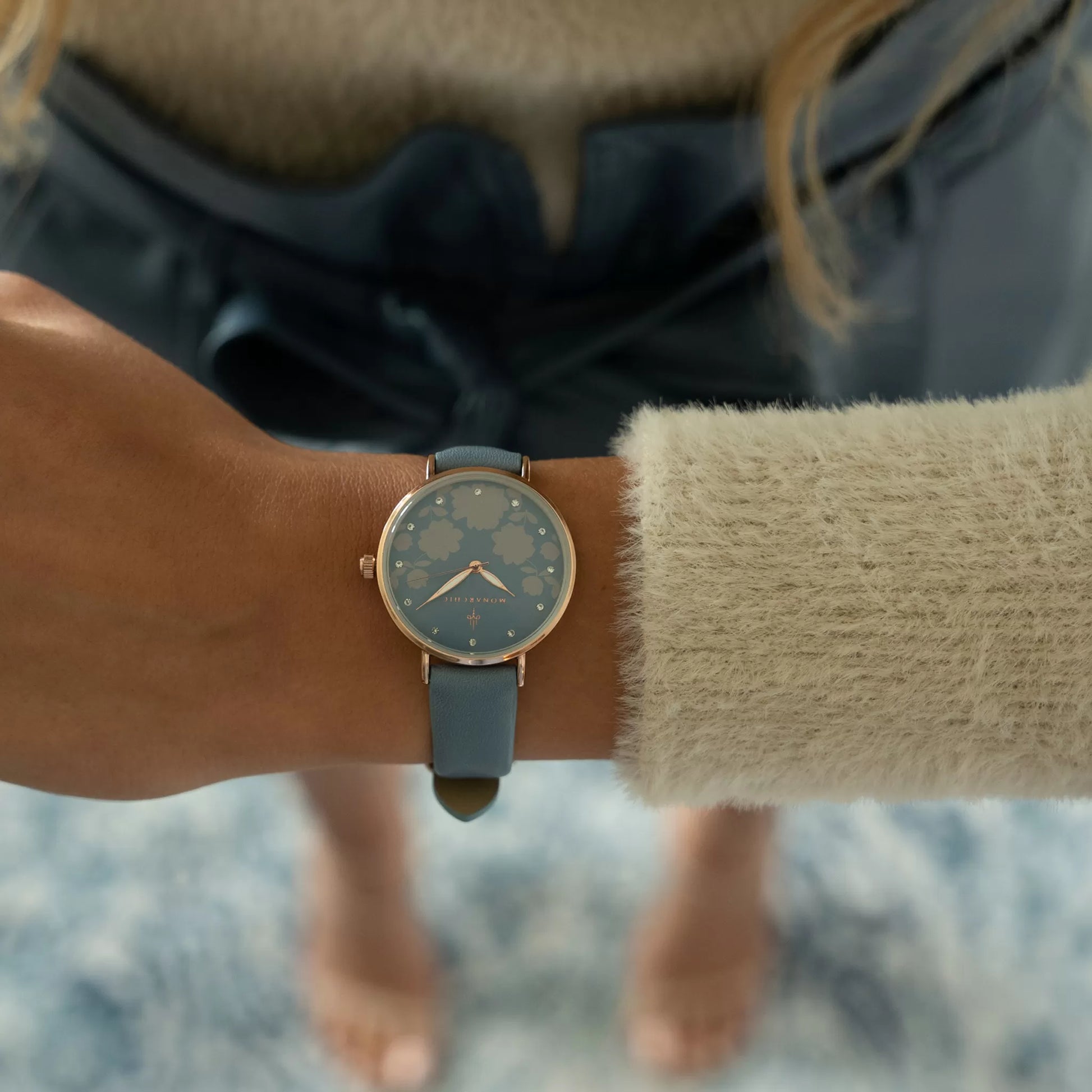 Monarchic® Watch - Florence Matte - Denim blue eco vegan leather straps and rose gold watch with crystals on dial close view