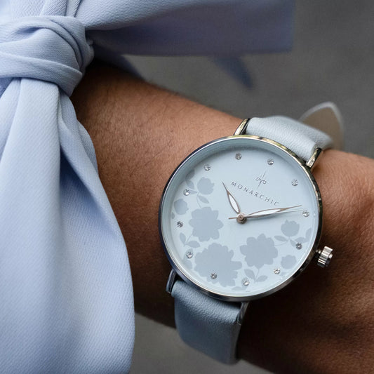 Monarchic® Watch - Florence Matte - Gray eco vegan leather straps and silver watch with crystals on dial close view