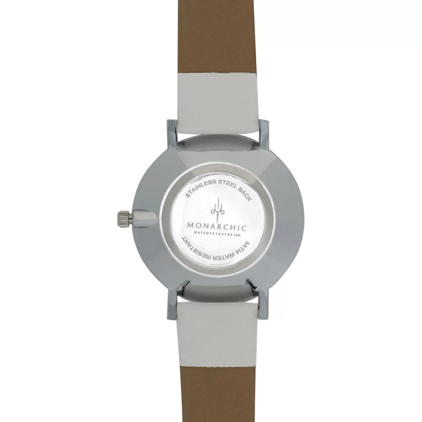 Monarchic® Watch - Hillary B - White eco vegan leather straps and silver watch with pearl dial back view