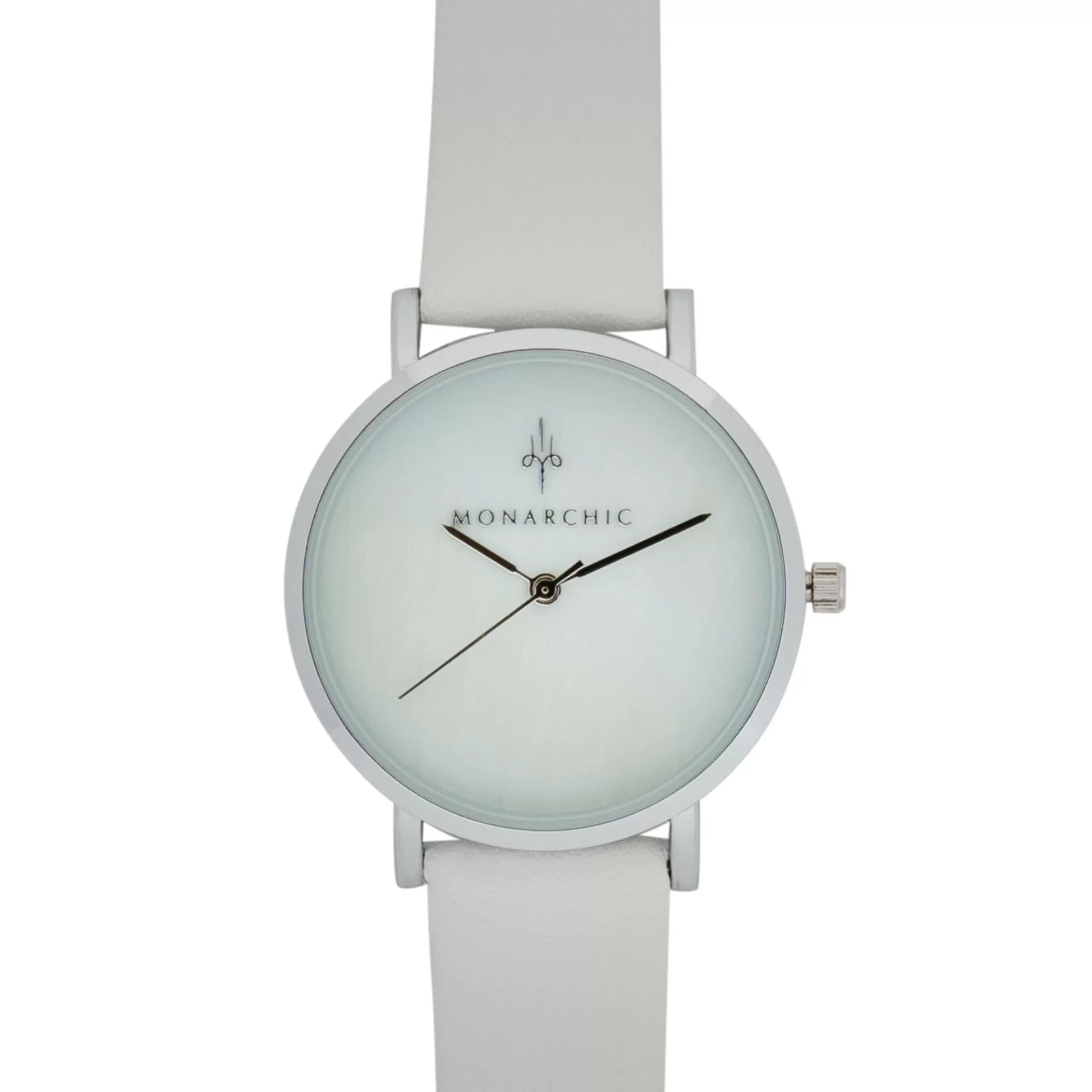 Monarchic® Watch - Hillary B - White eco vegan leather straps and silver watch with pearl dial front view