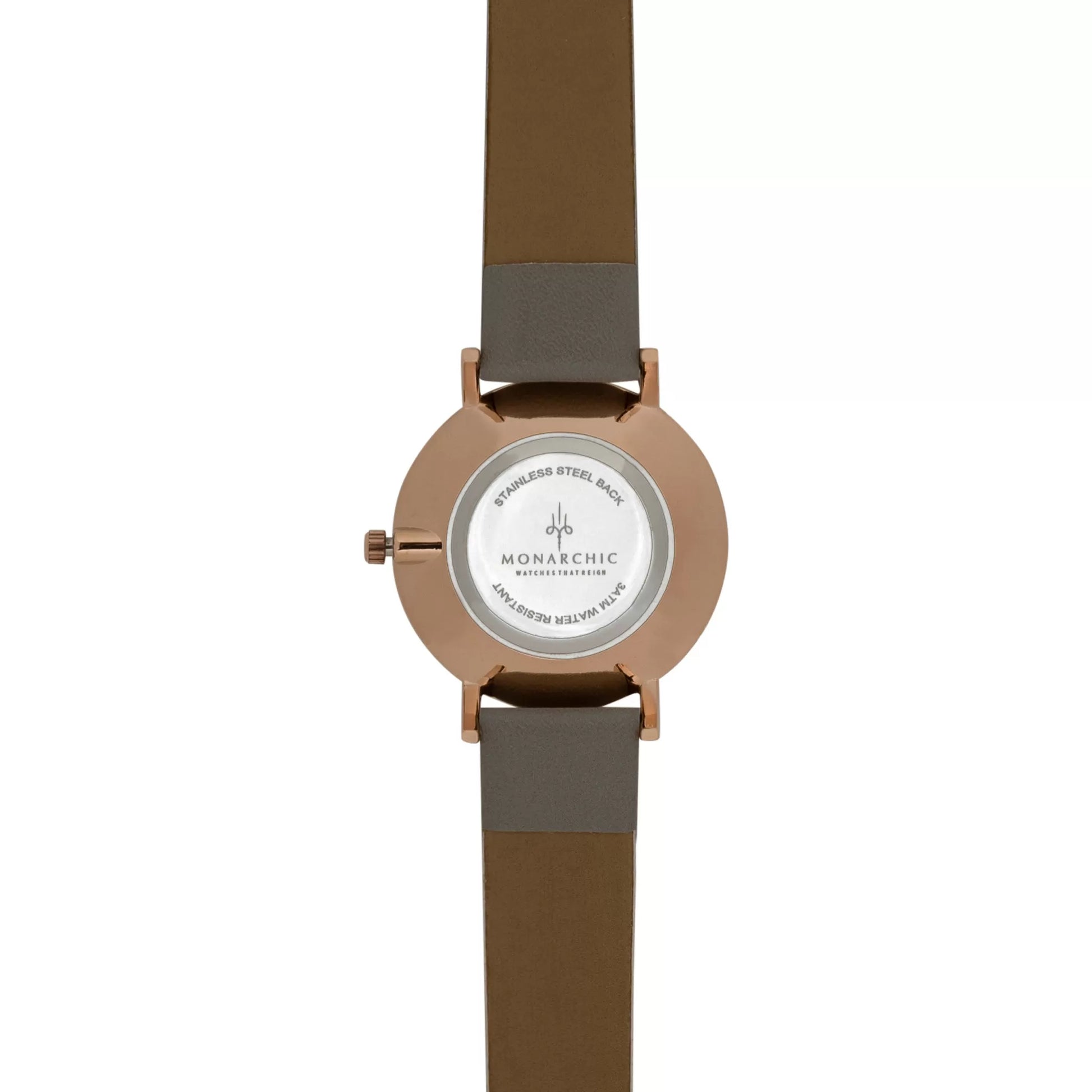 Monarchic® Watch - Hillary B - Smoky Gray eco vegan leather straps and rose gold watch with pearl dial back view