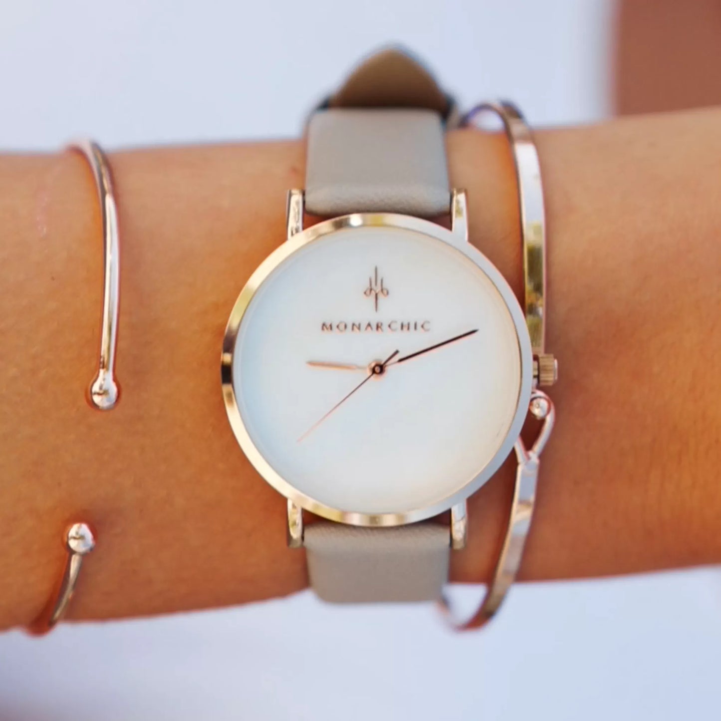 Monarchic® Watch - Hillary B - Smoky Gray eco vegan leather straps and rose gold watch with pearl dial close up