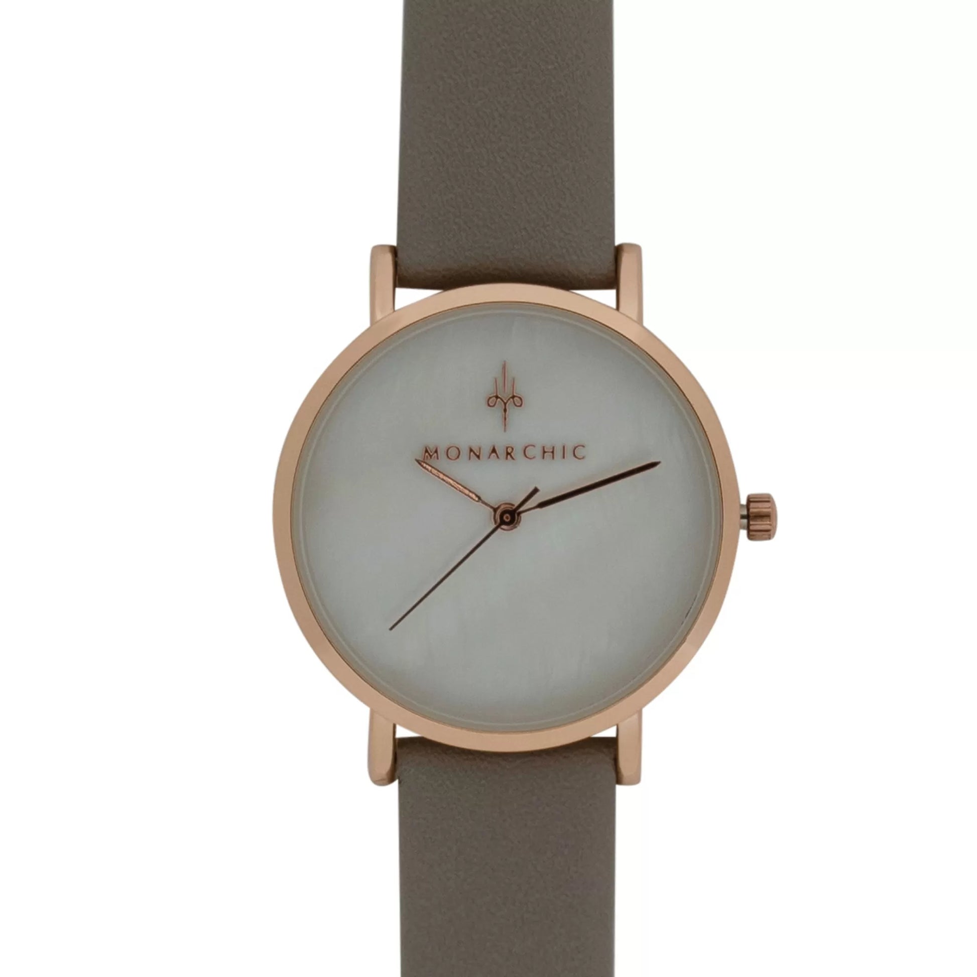 Monarchic® Watch - Hillary B - Smoky Gray eco vegan leather straps and rose gold watch with pearl dial front view