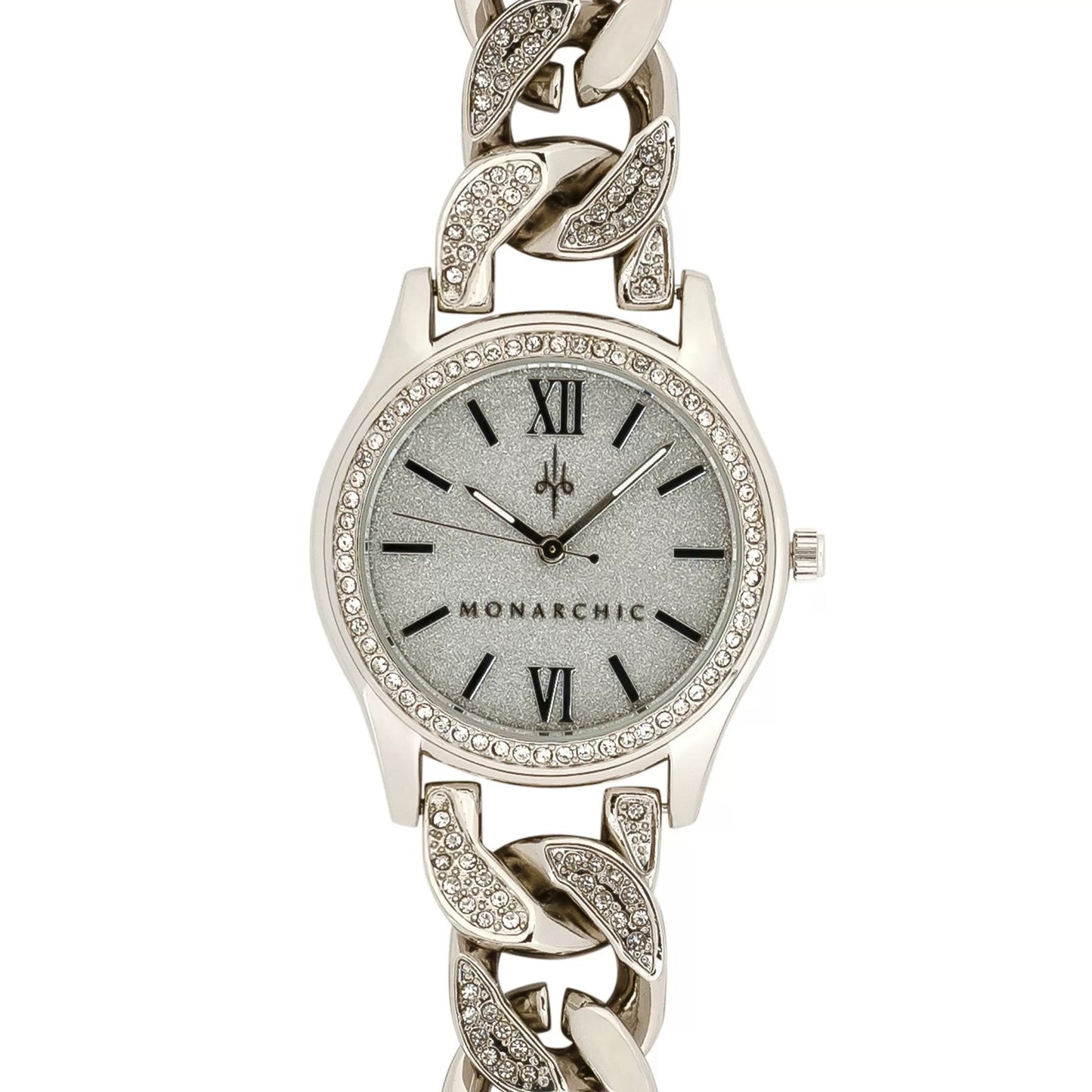 Monarchic® Watch - Jennifer - Silver chain bracelet watch with clear crystals on bezel front view