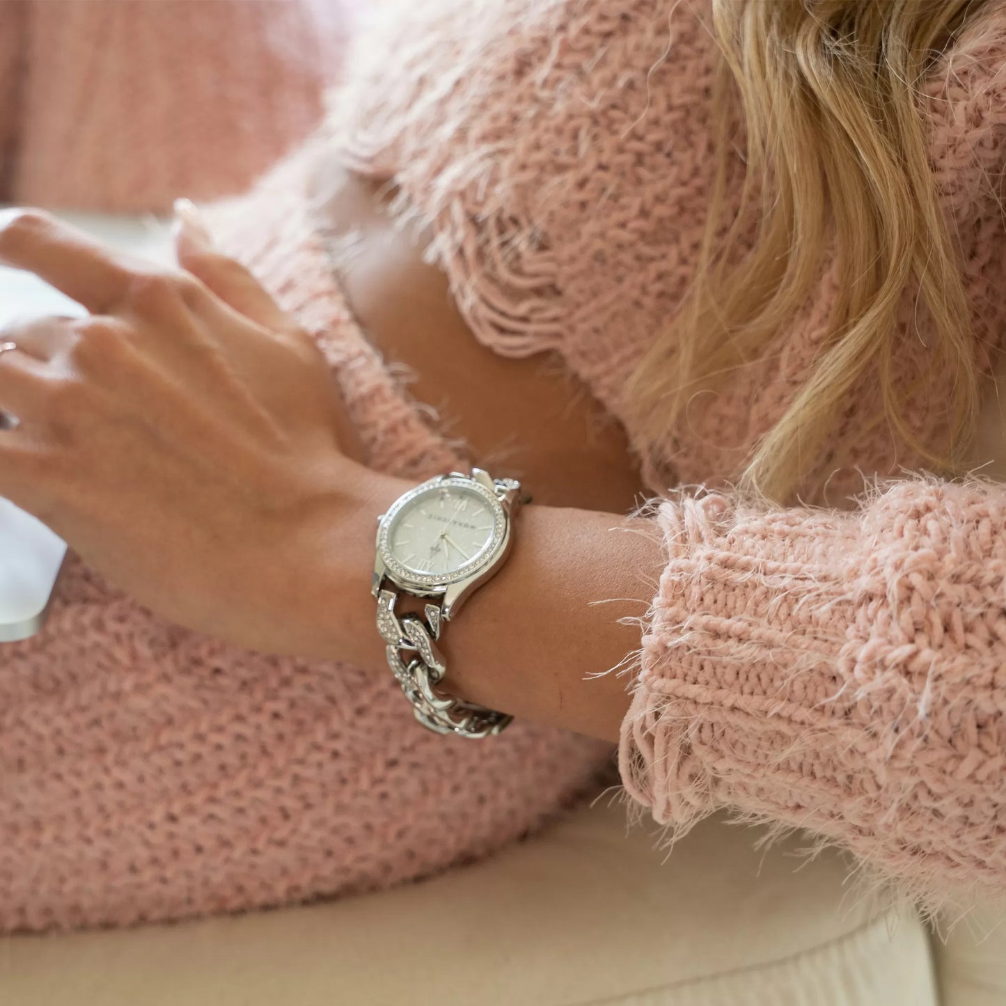 Monarchic® Watch - Jennifer - Silver chain bracelet watch with clear crystals on bezel side view