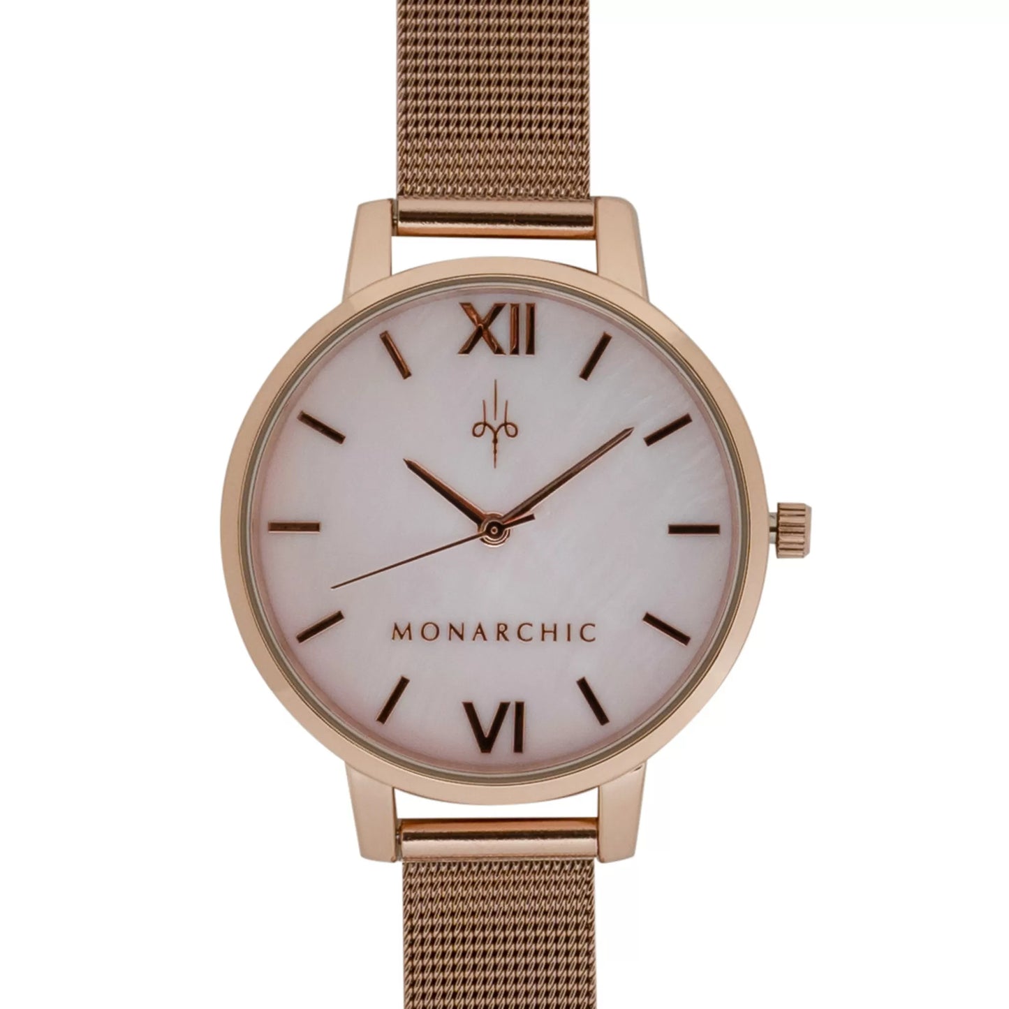 Monarchic® Watch - Kelly - Rose Gold mesh watch with rose pearl dial front view