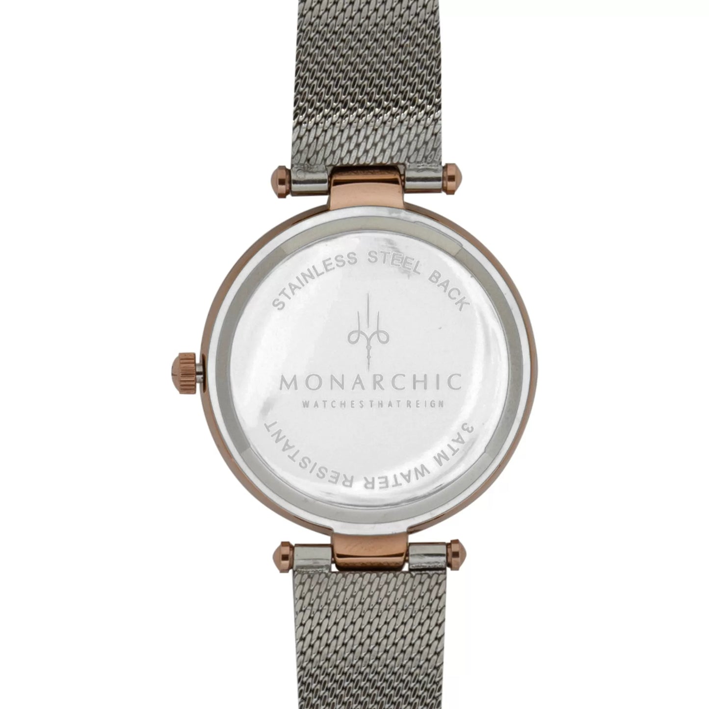 Monarchic® Watch - Kylie - Deco silver mesh watch with textured trim and crystals on silver / rose gold bezel back view