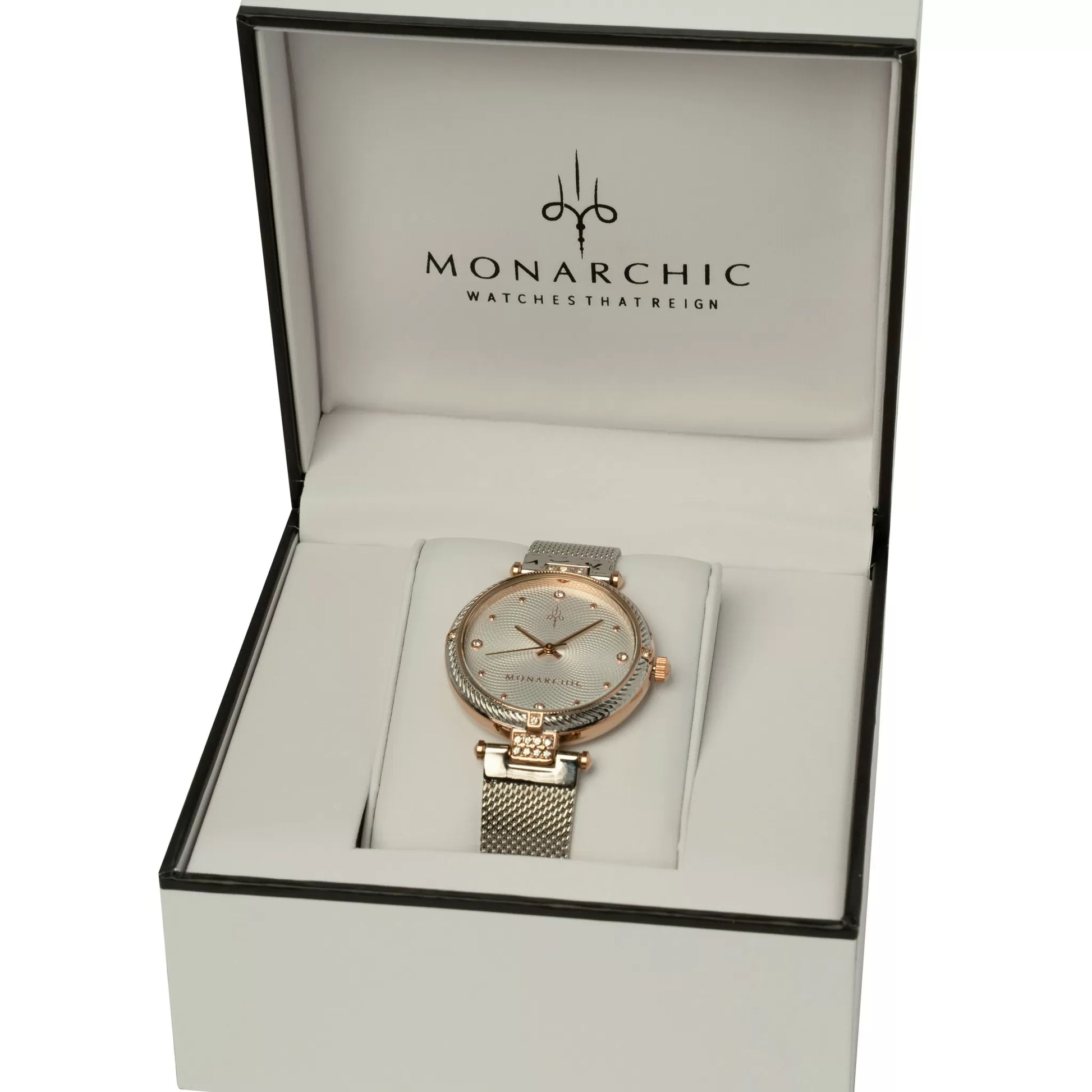 Monarchic® Watch - Kylie - Deco silver mesh watch with textured trim and crystals on silver / rose gold bezel in watch box