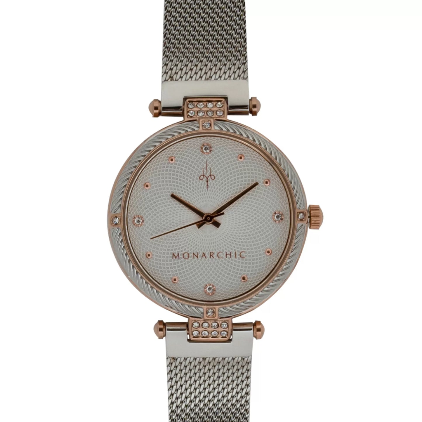 Monarchic® Watch - Kylie - Deco silver mesh watch with textured trim and crystals on silver / rose gold bezel front view