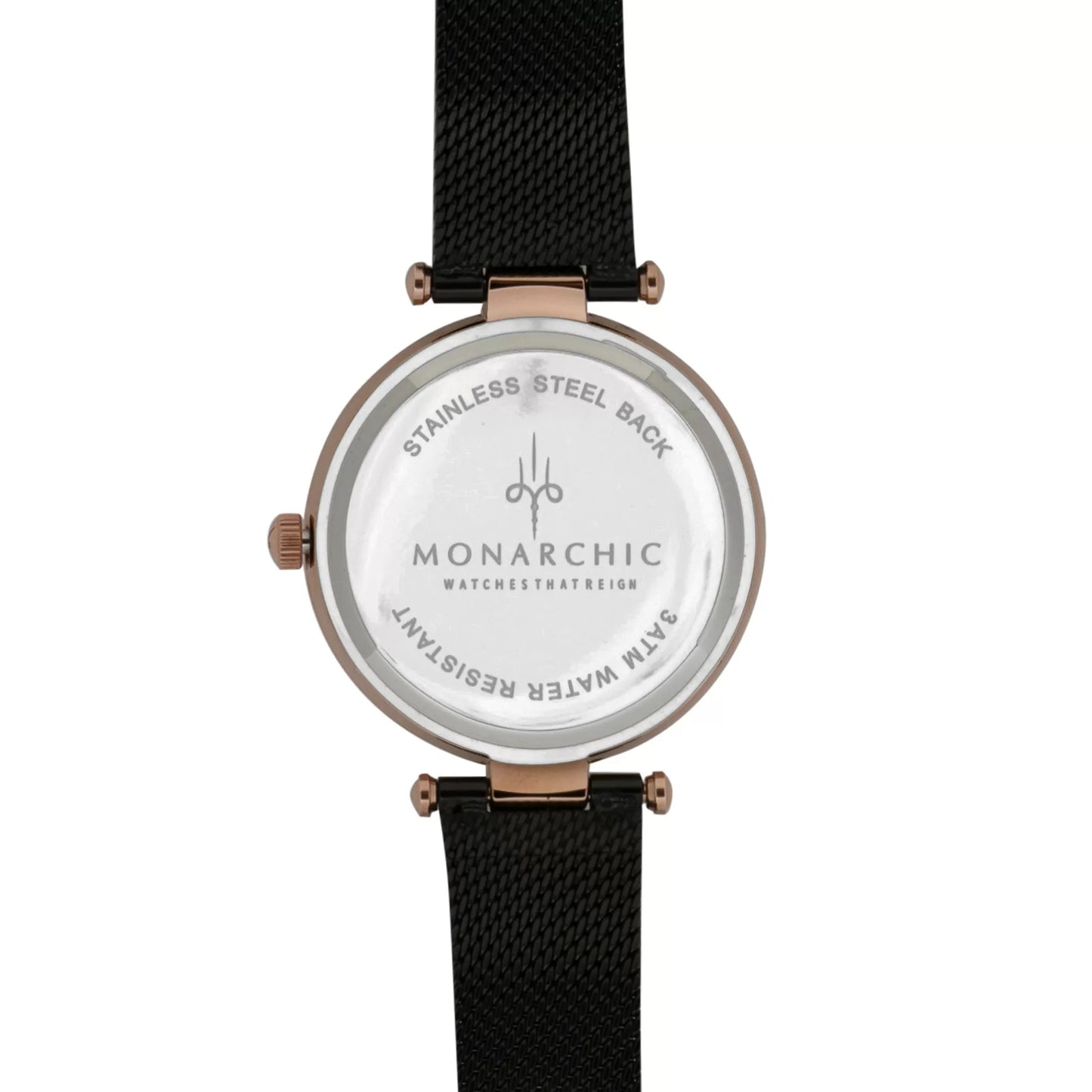 Monarchic® Watch - Kylie - Lotus black mesh watch with textured trim and crystals on rose gold bezel back view