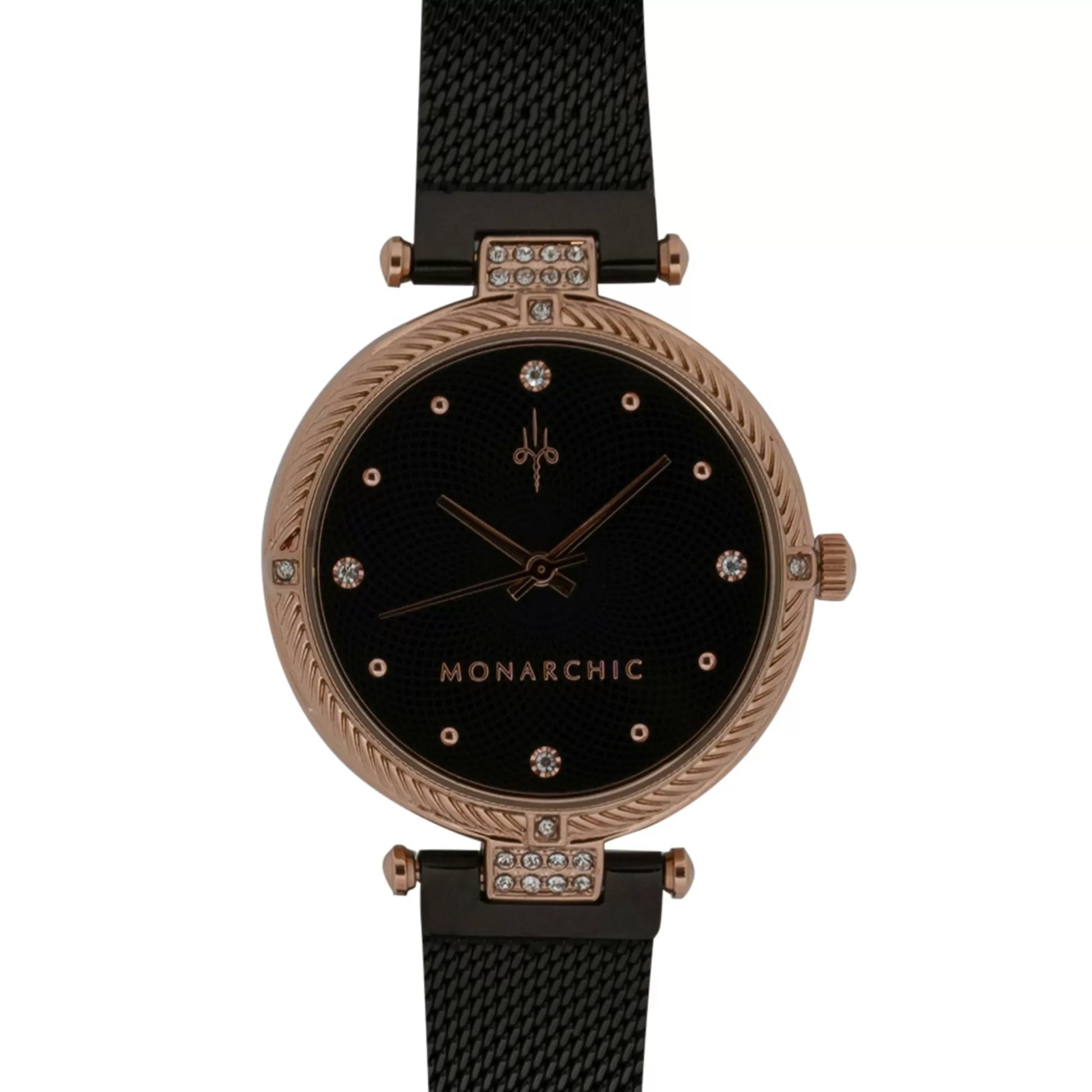 Monarchic® Watch - Kylie - Lotus black mesh watch with textured trim and crystals on rose gold bezel front view