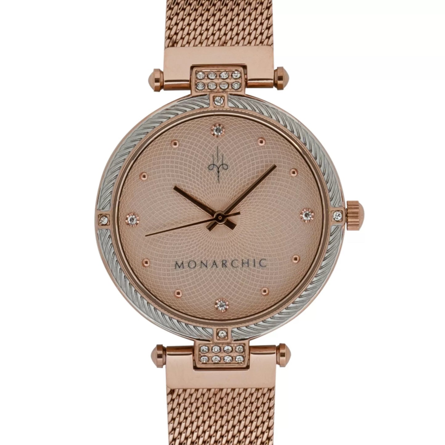 Monarchic® Watch - Kylie - Rose gold mesh watch with textured trim and crystals on silver / rose gold bezel front view