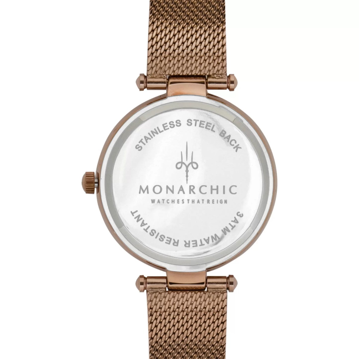 Monarchic® Watch - Kylie - Rose gold mesh watch with textured trim and crystals on silver / rose gold bezel back view