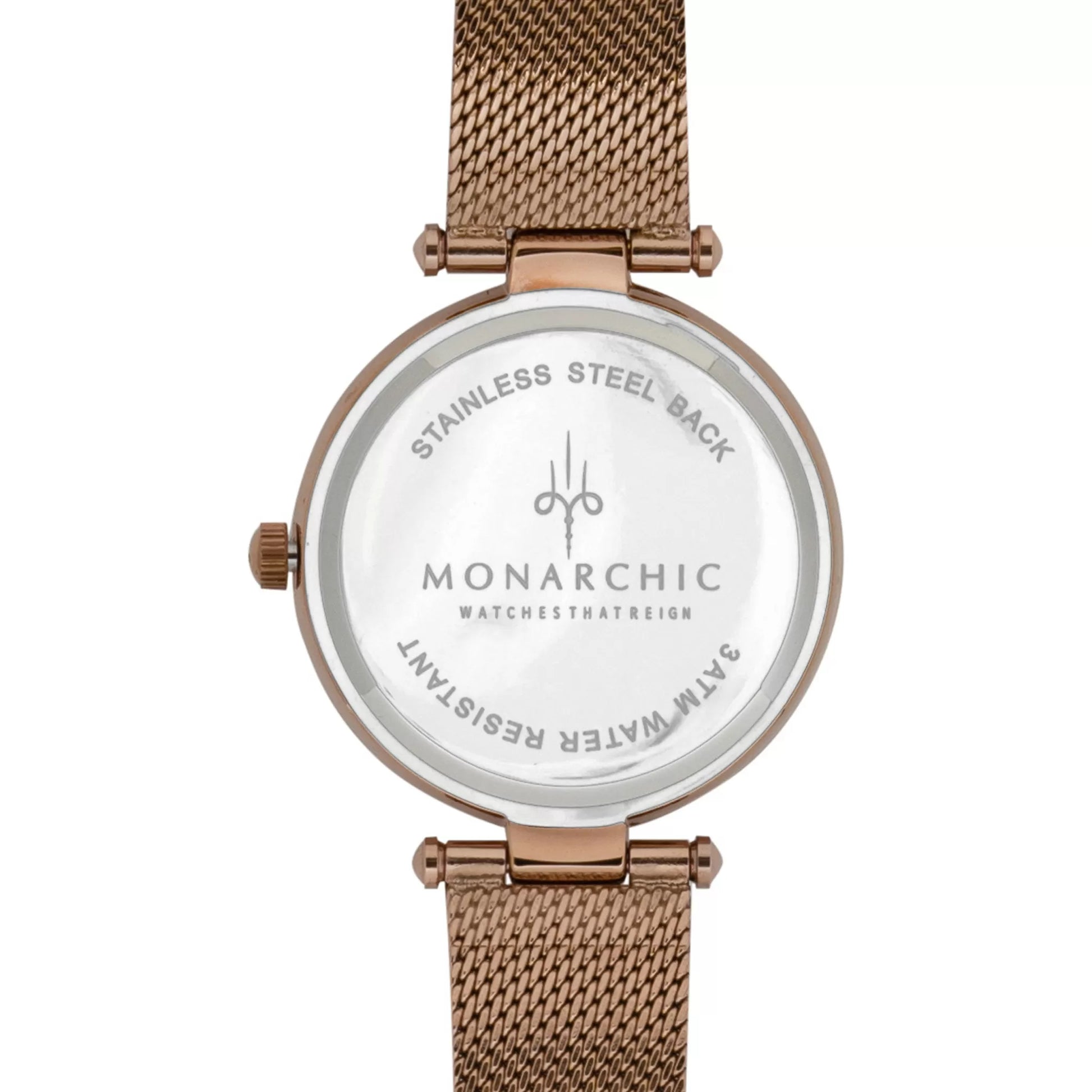 Monarchic® Watch - Kylie - Rose gold mesh watch with textured trim and crystals on silver / rose gold bezel back view