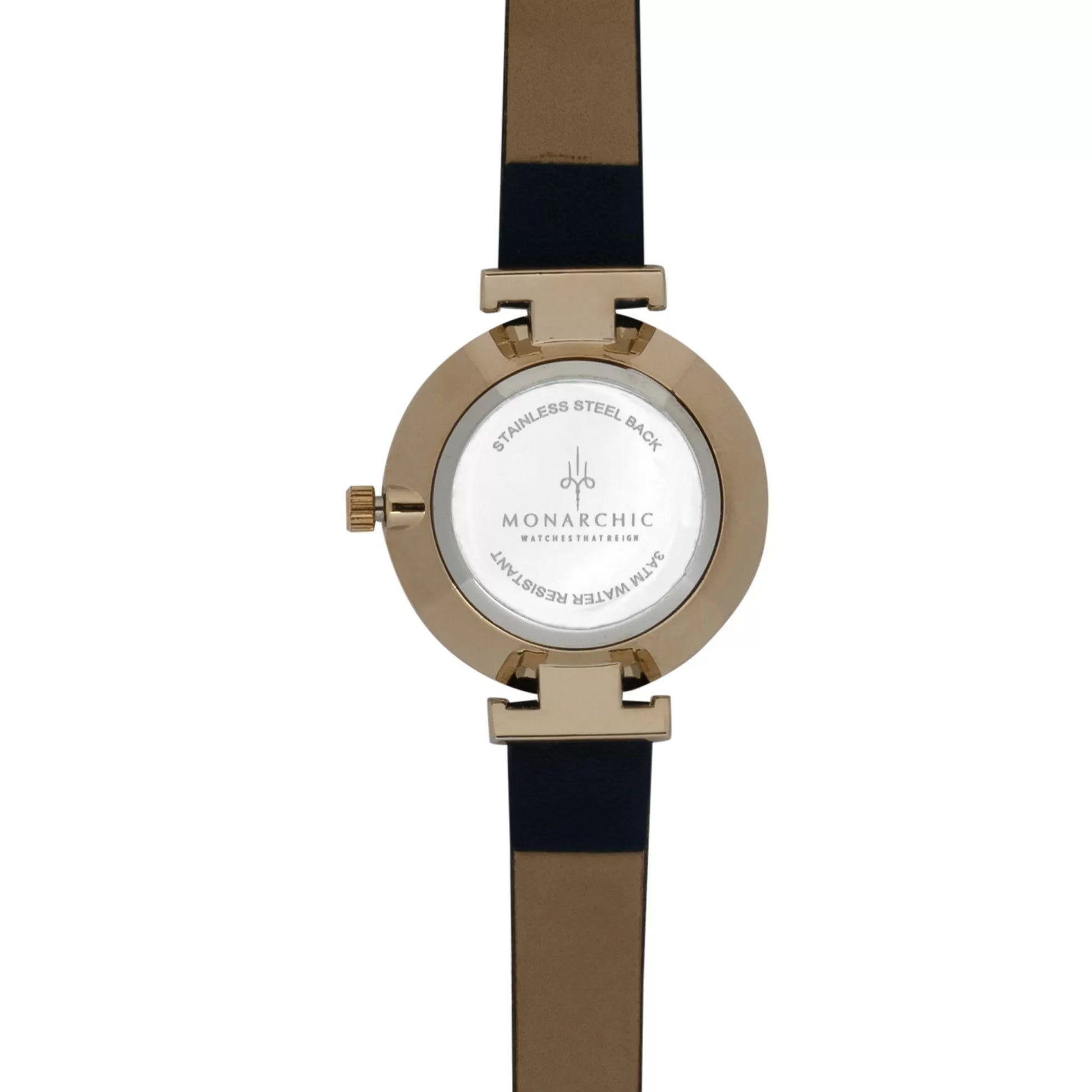 Monarchic® Watch - Satin - Angelina Navy Blue eco vegan leather straps and gold watch with sapphire tone dial back view