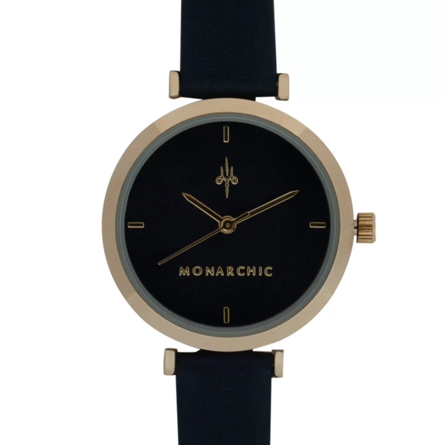 Monarchic® Watch - Satin - Angelina Navy Blue eco vegan leather straps and gold watch with sapphire tone dial front view